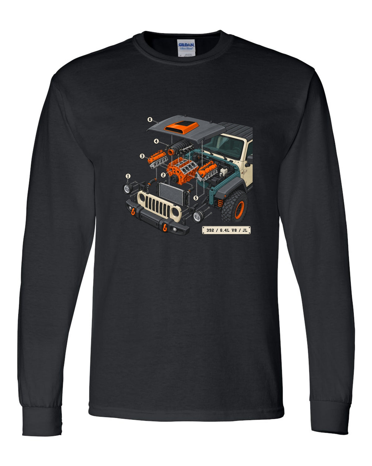 Jeep Wrangler JL Rubicon 392 6.4L V8 isometric exploded engine diagram with callouts black long sleeve front view with the design