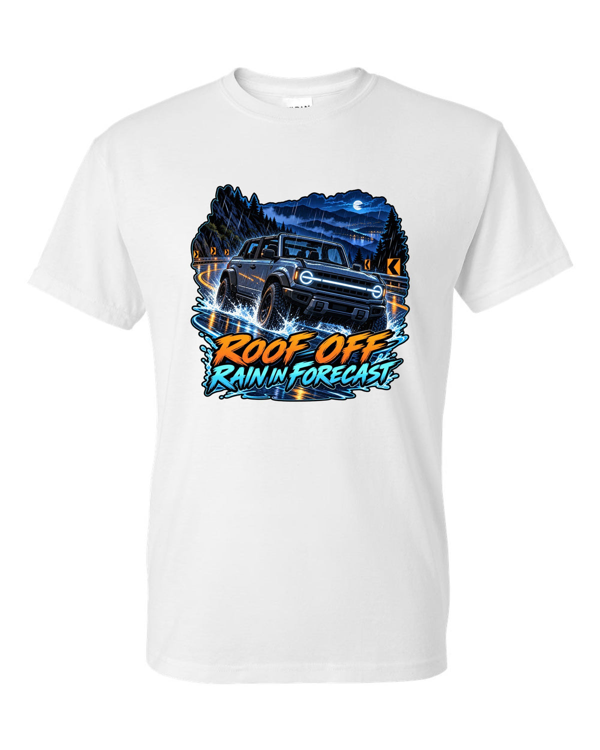 Cel-shaded anime night garage print of a 2021 Ford Bronco 4-door 6G with roof off white t-shirt front view with the design