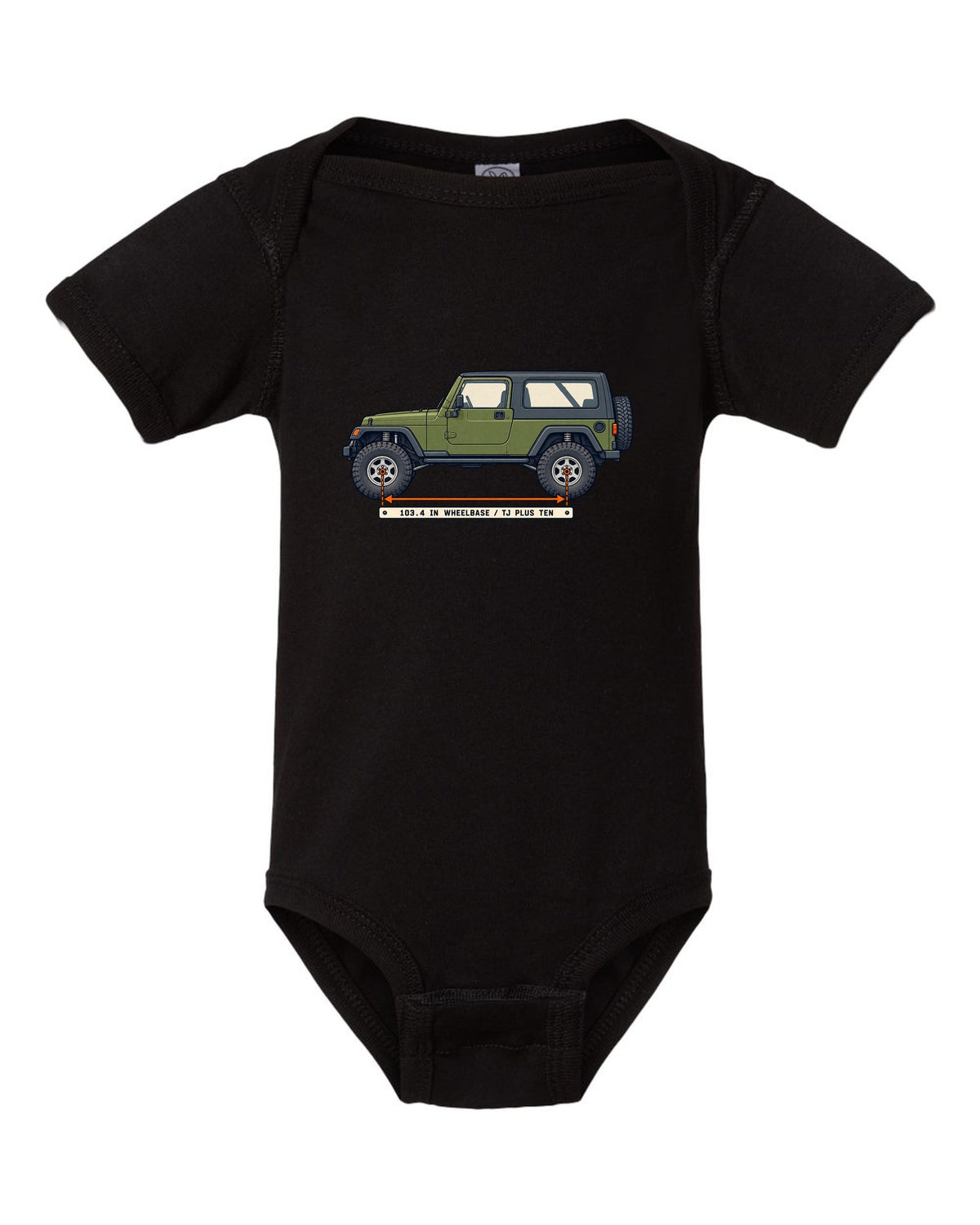 Patent-style line drawing of a Jeep Wrangler LJ Unlimited with 103.4 IN WHEELBASE TJ PLUS TEN lettering black baby onesie front view with the design