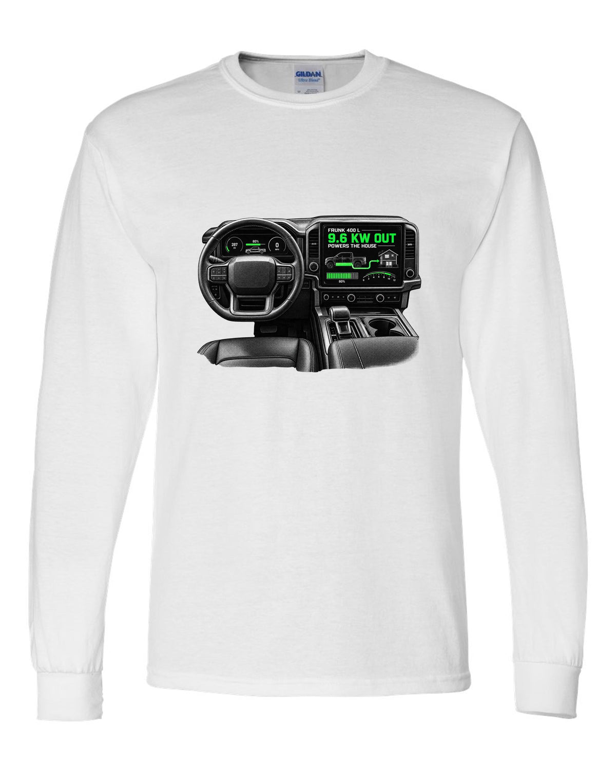 Ford F-150 Lightning 2022 interior centre screen crop with frunk readout white long sleeve front view with the design