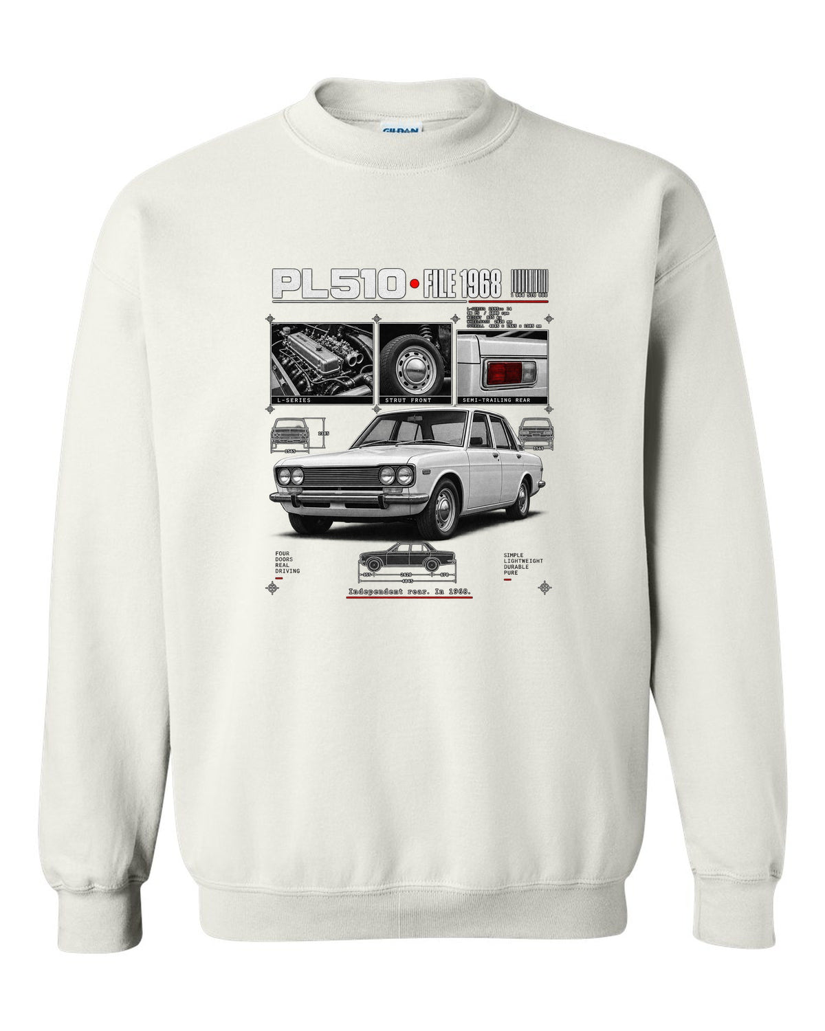 Dossier panel print of a Datsun PL510 sedan and wagon with suspension notes white crewneck front view with the design