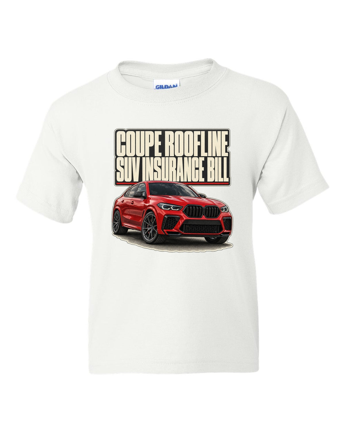 BMW X6 M Competition F96 editorial headline print on a tee white kids tee front view with the design