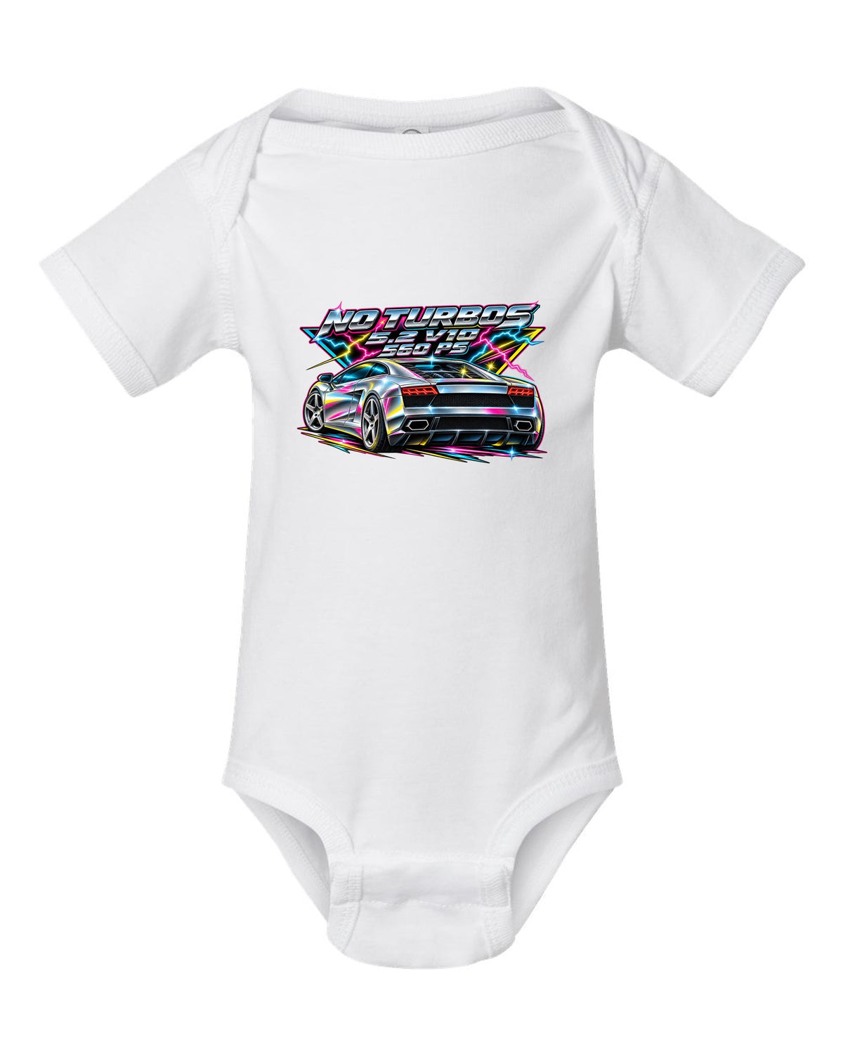 80s airbrush chrome Lamborghini Gallardo LP560-4 with the text NO TURBOS / 5.2 V10 / 560 PS white baby onesie front view with the design