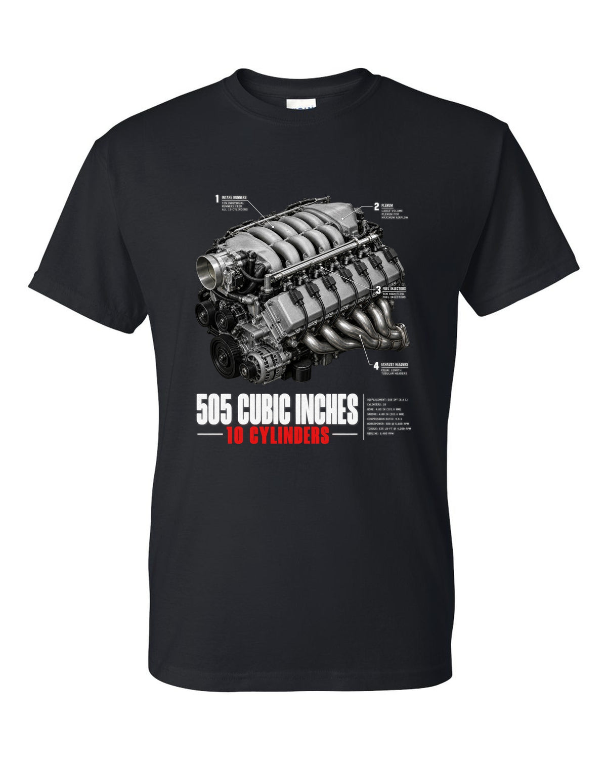 Dodge Viper SRT-10 ZB I 8.3L V10 engine hero print with 505 cubic inches lettering black t-shirt front view with the design