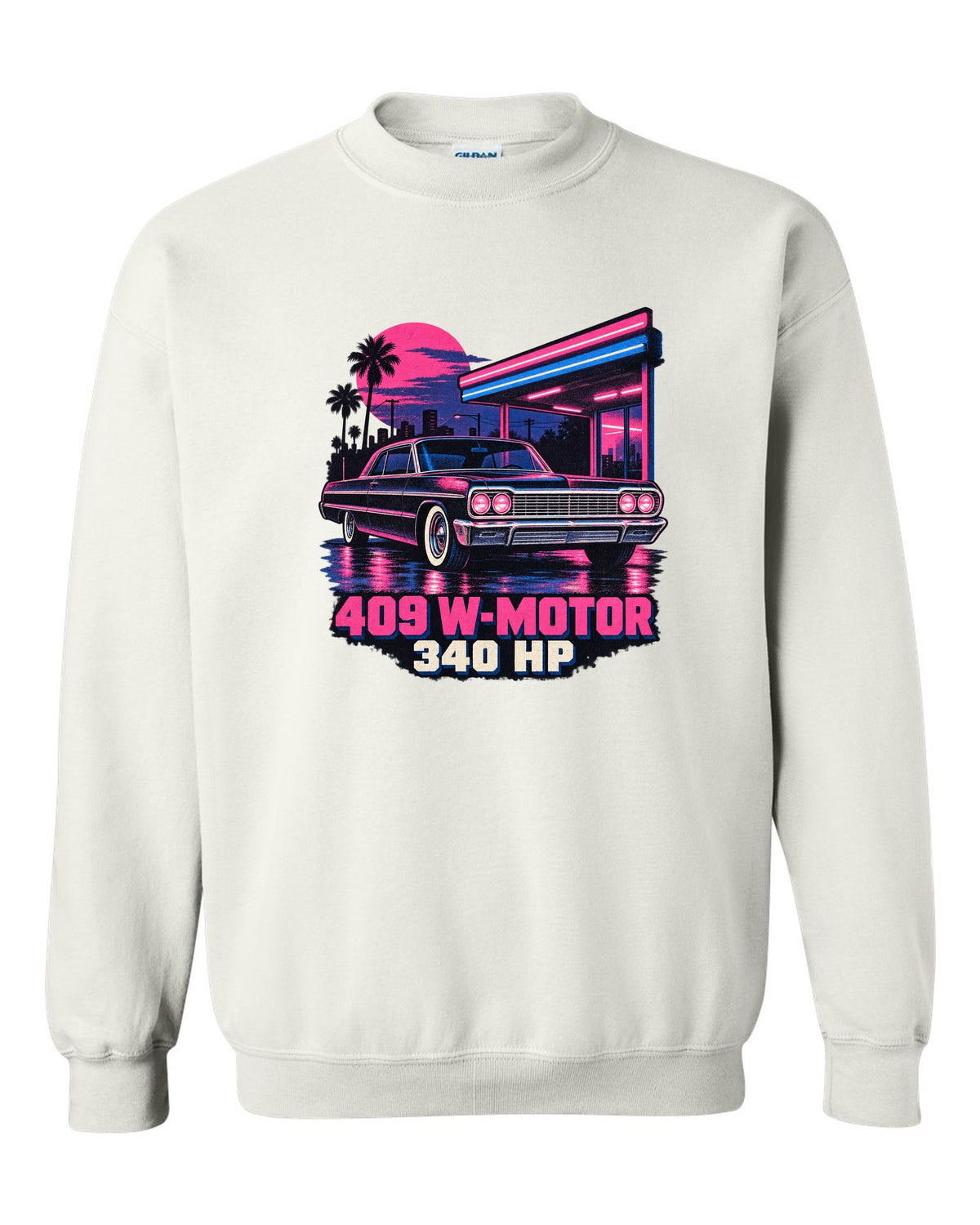 1964 Chevrolet Impala SS in pink and blue risograph neon rain with text 409 W-Motor 340 HP white crewneck front view with the design