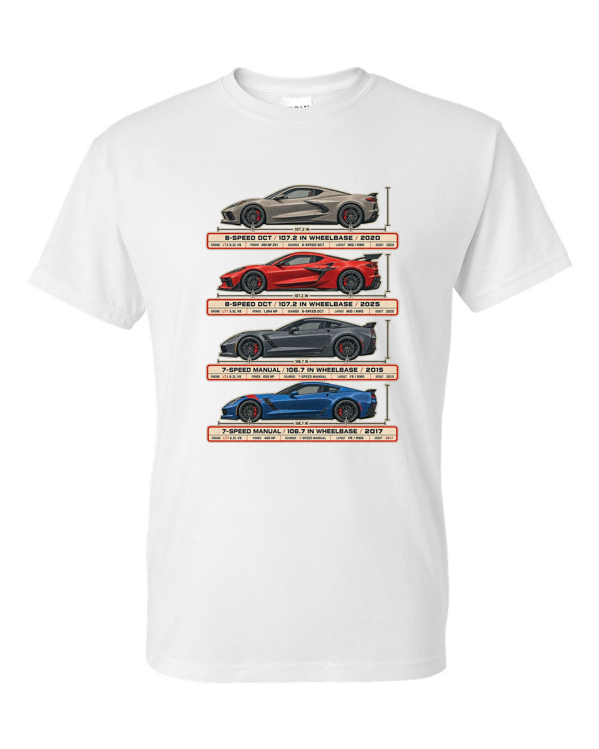 print of a Chevrolet Corvette C8 Stingray spec poster showing DCT and wheelbase figures white t-shirt front view with the design