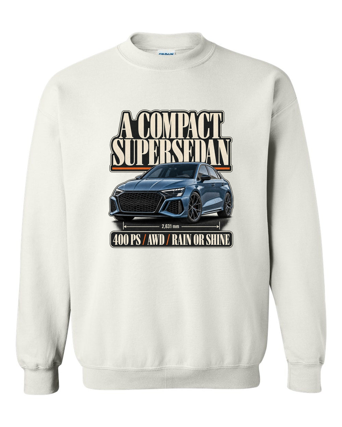 Editorial headline layout for the Audi RS3 8Y sedan, steel blue white crewneck front view with the design