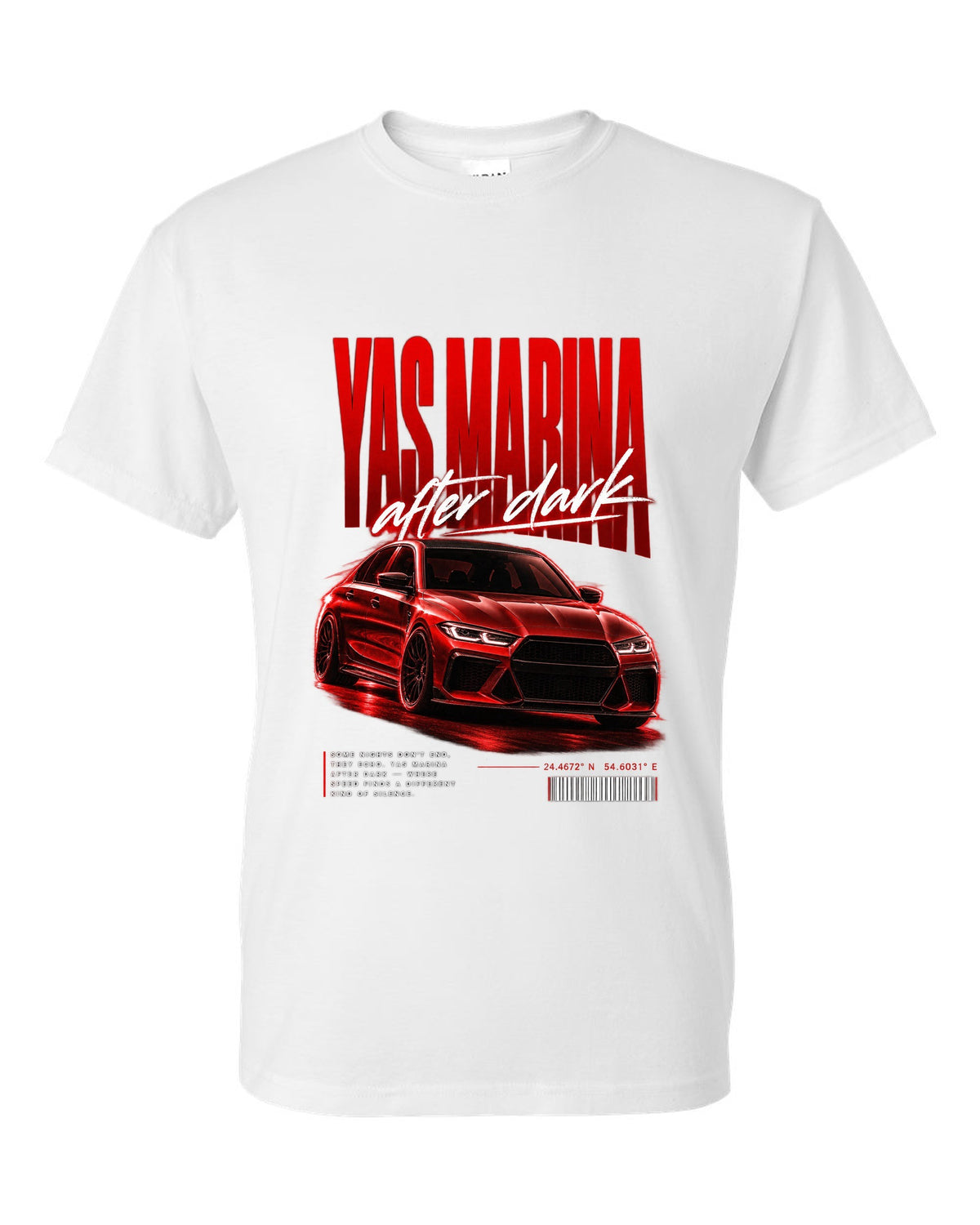 BMW F80 M3 sedan night street poster print with Yas Marina lettering white t-shirt front view with the design
