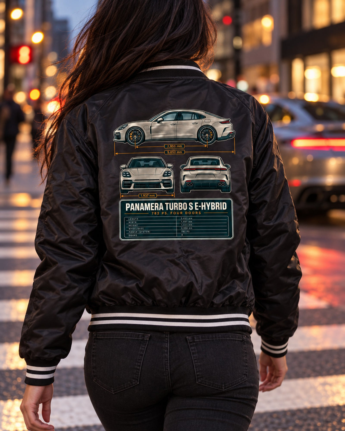 Porsche Panamera Turbo S E-Hybrid G3 Three-View Spec Shirt Bomber Jacket Black worn hero