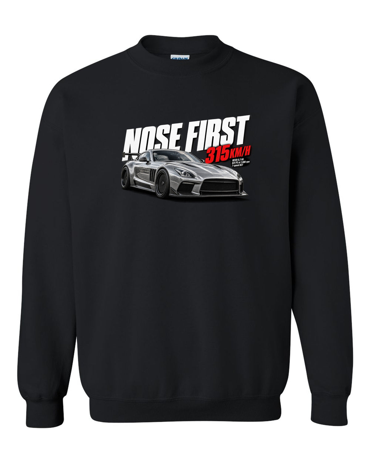 Halftone print of a Mercedes SLS AMG Black Series C197 with Nose First 315 km/h lettering black crewneck front view with the design