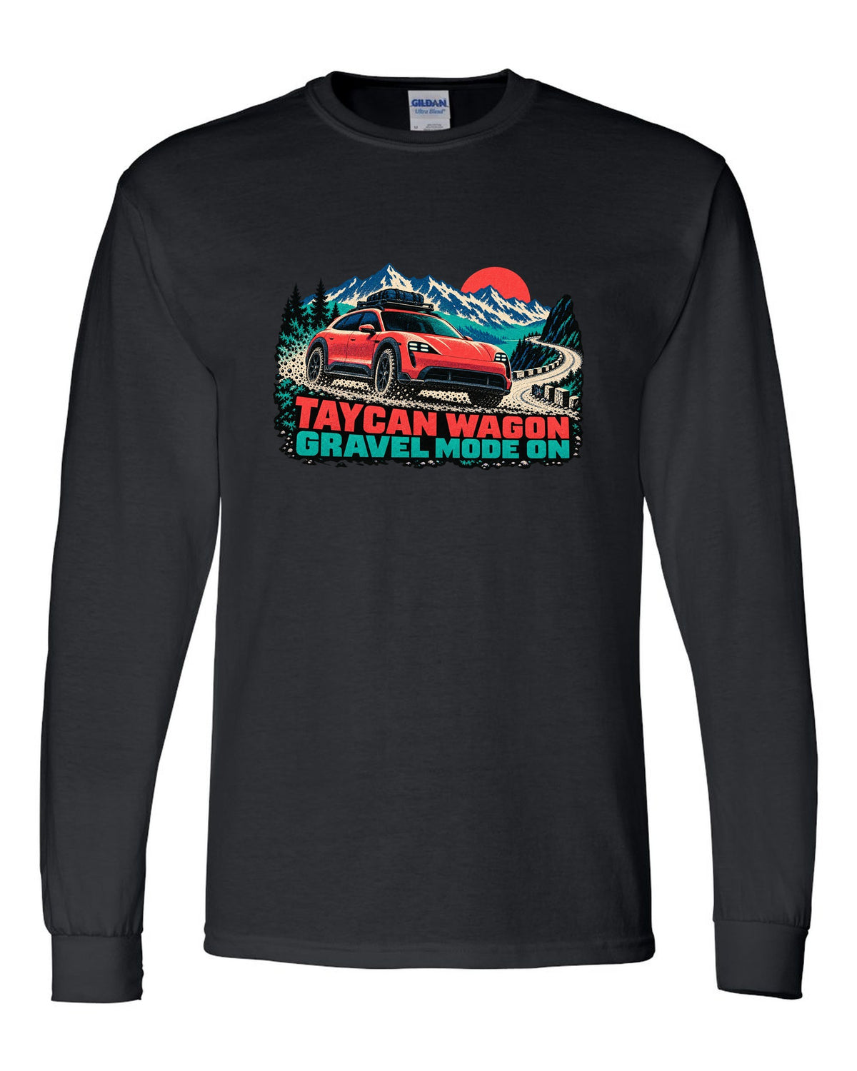 Porsche Taycan Cross Turismo Y1B risograph print with the text Taycan wagon gravel mode on black long sleeve front view with the design
