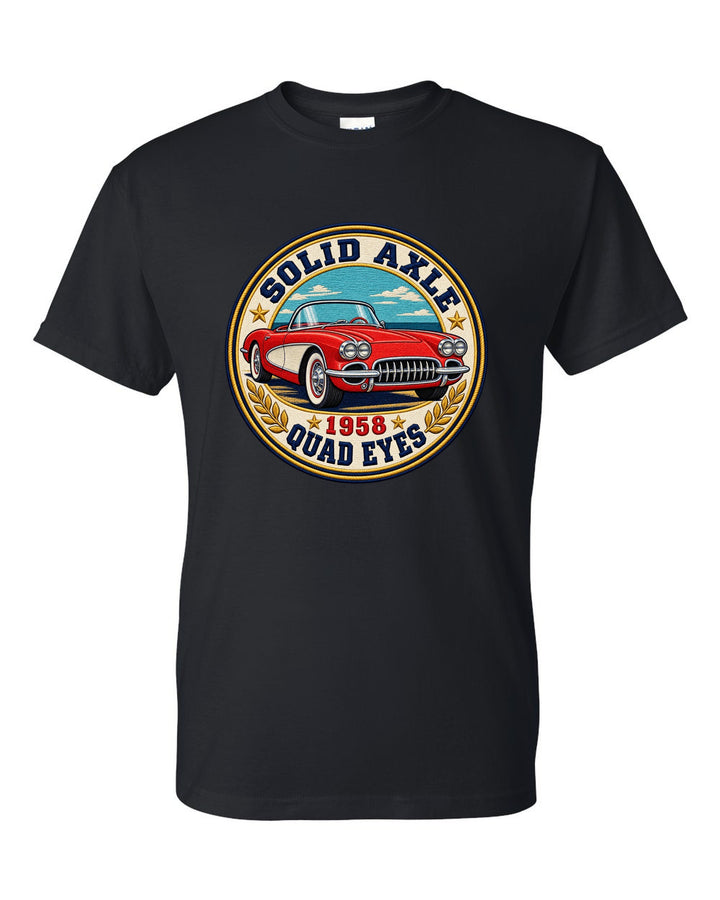 Embroidery style varsity crest print of a 1958 Chevrolet Corvette C1 with Solid Axle and Quad Eyes text black t-shirt front view with the design