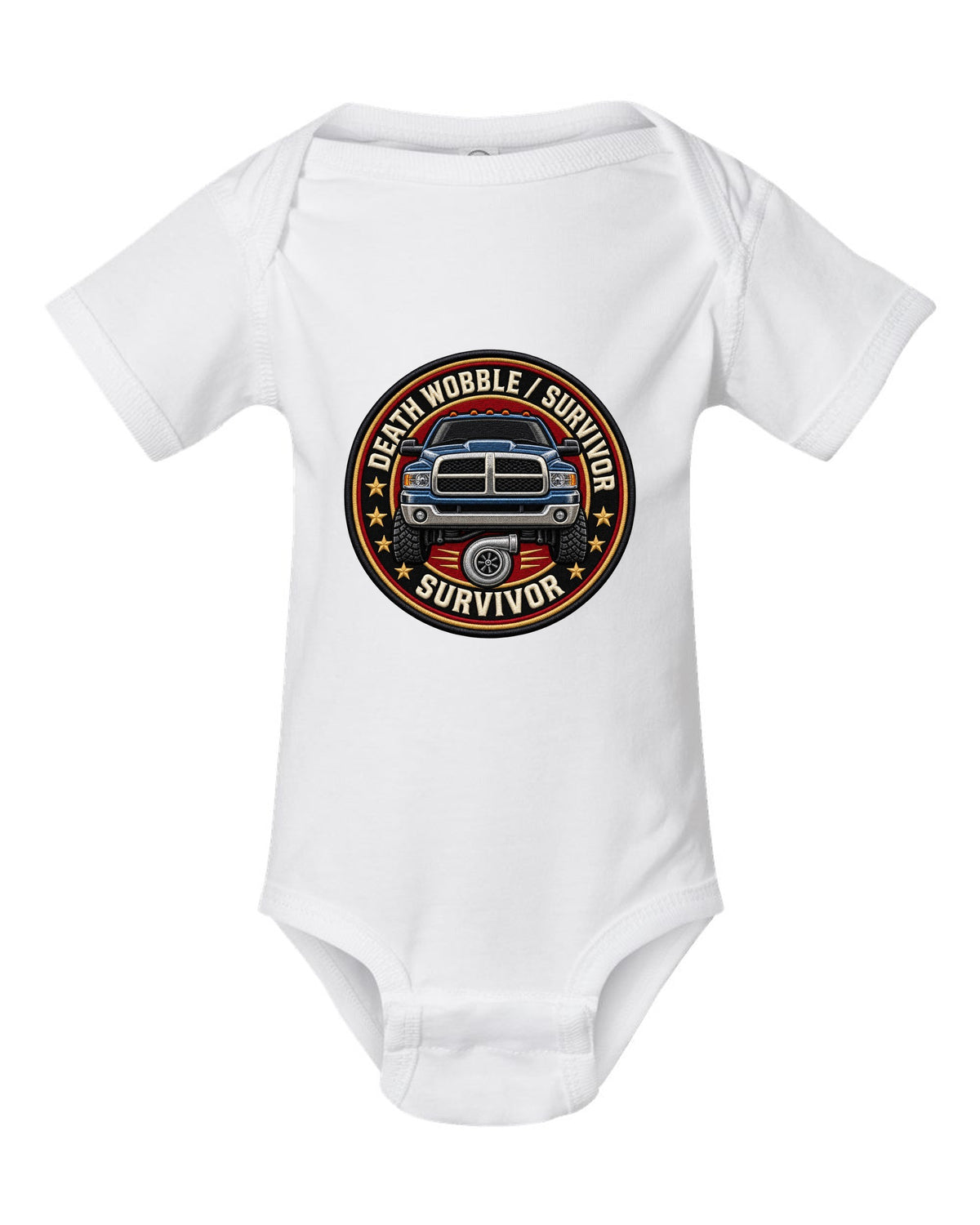 Round varsity crest print for the 2003-2009 Dodge Ram 2500 Cummins reading death wobble survivor white baby onesie front view with the design