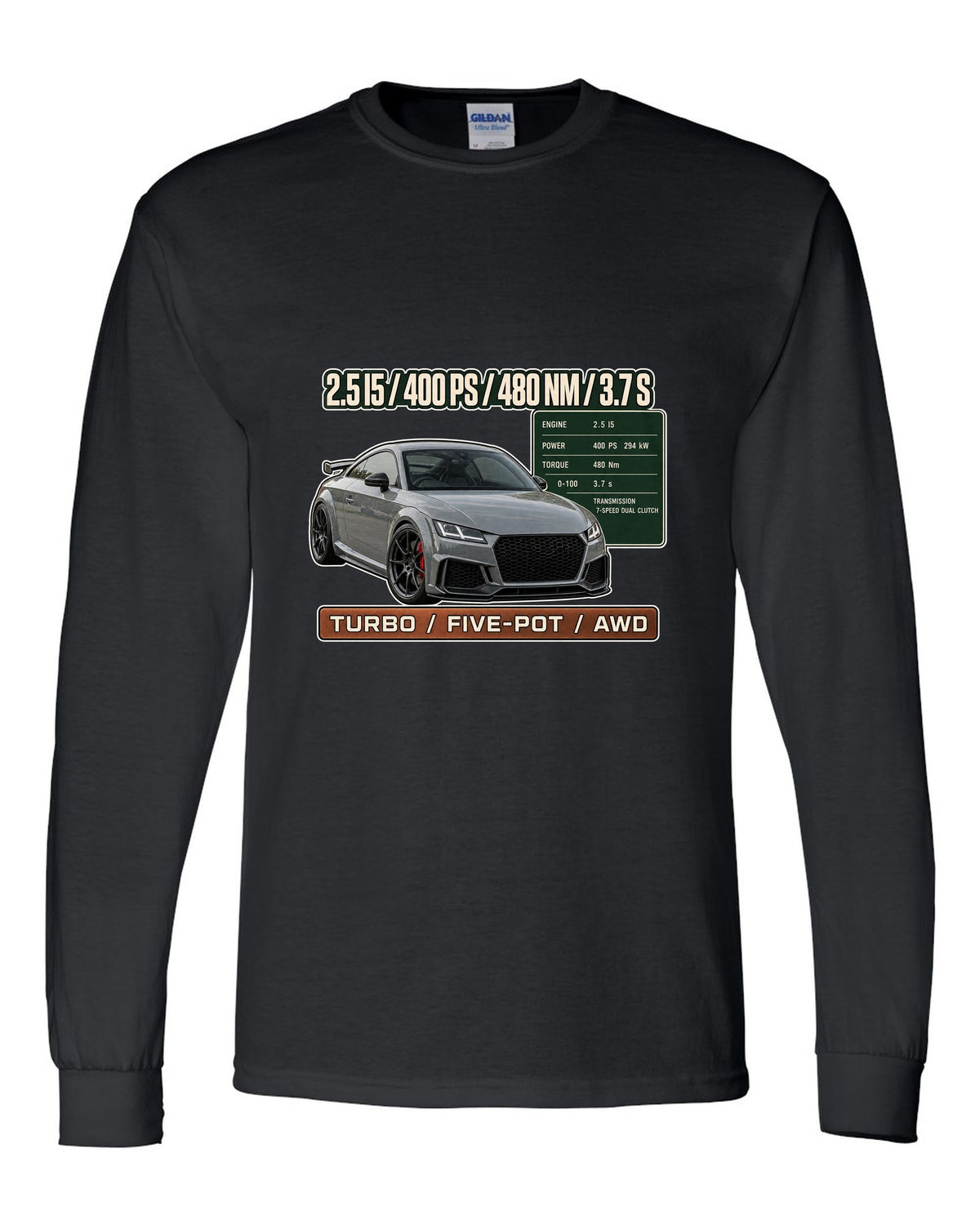 Audi TT RS 8S coupe spec poster print with 400 PS and 480 Nm black long sleeve front view with the design
