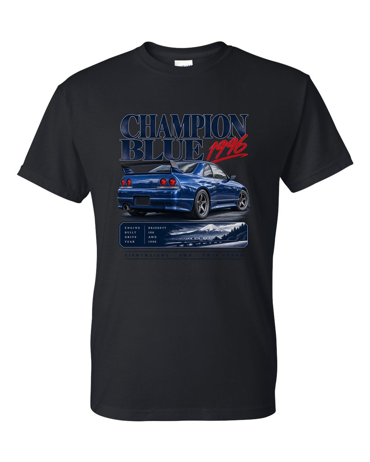 Archive panel of a Nissan Skyline GT-R R33 LM Limited in Champion Blue with 1996 and 188 made lettering black t-shirt front view with the design