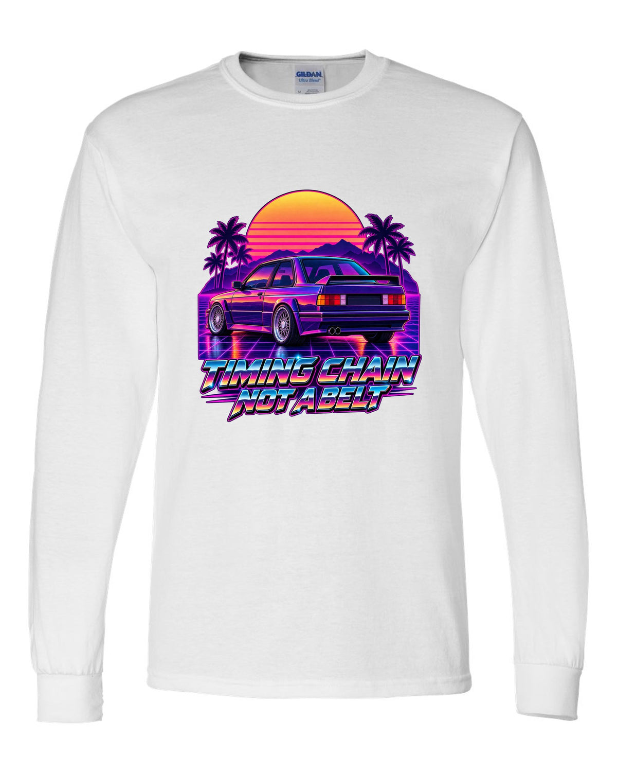 Synthwave outrun illustration of a BMW E30 M3 taillights at dusk with timing chain text white long sleeve front view with the design