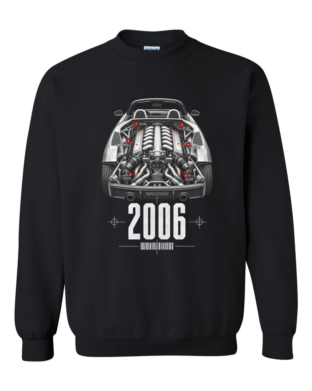 Engine hero print of a Lamborghini Gallardo Spyder with 5.0 V10 and 90 Degrees text black crewneck front view with the design