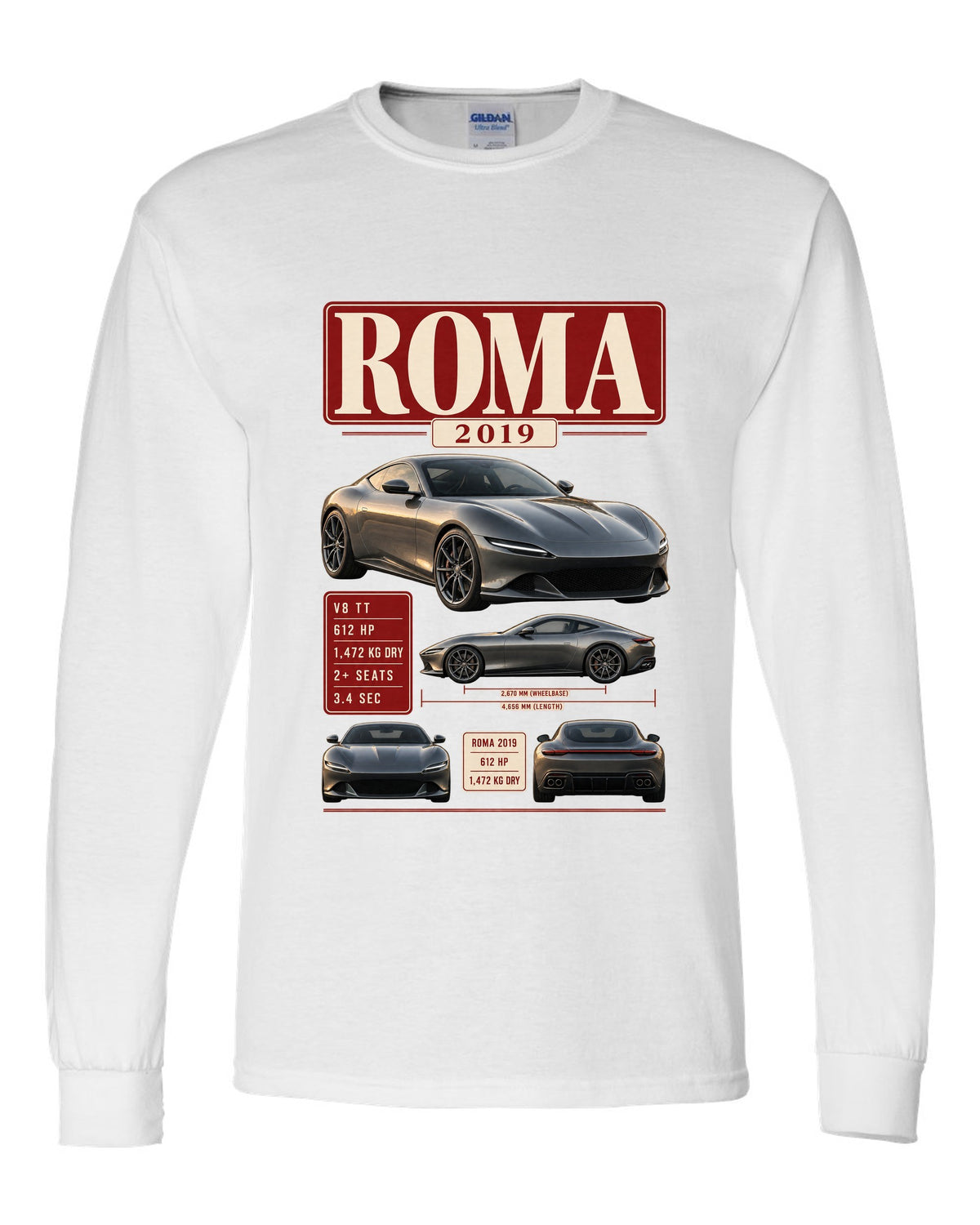 Archive panel print of the Ferrari Roma with 2019 spec text white long sleeve front view with the design