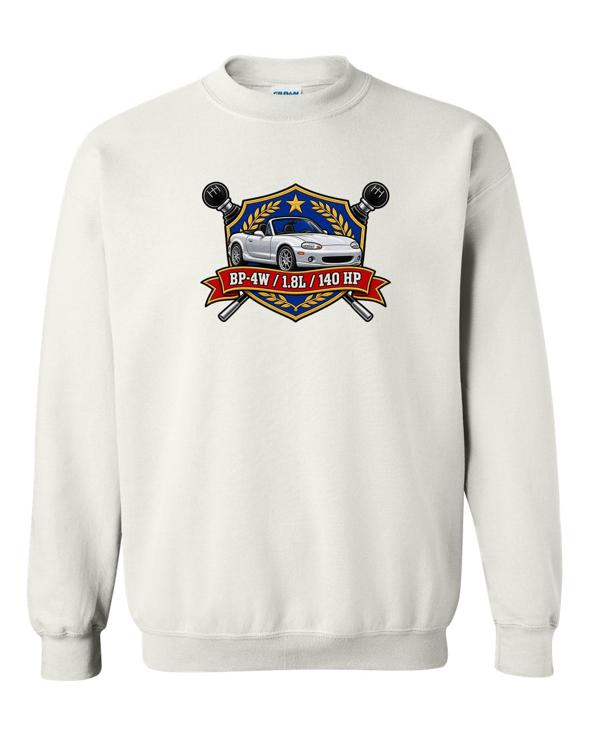 Embroidery-style shield crest of a Mazda MX-5 NB with BP-4W 1.8L 140 HP text white crewneck front view with the design