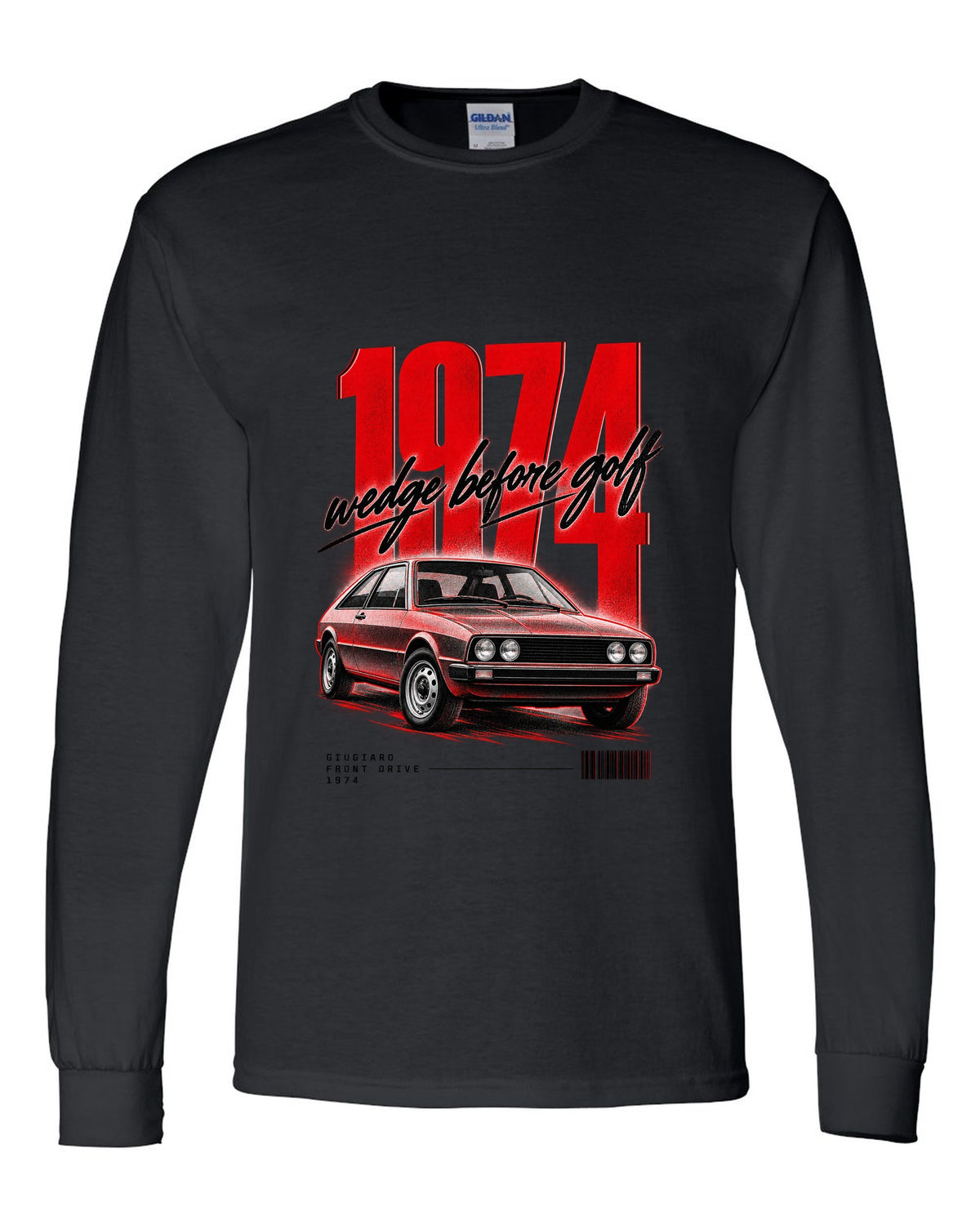 Street poster print of a VW Scirocco Mk1 front three-quarter with wedge before Golf 1974 text black long sleeve front view with the design