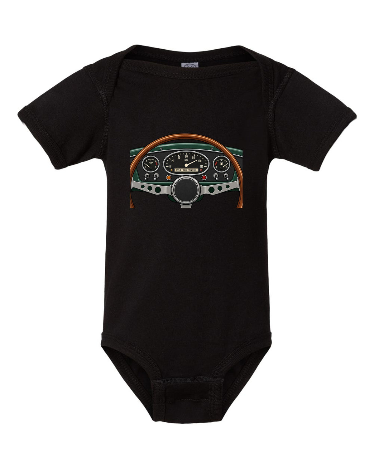 Gauge cluster readout for a classic Mini Cooper S with 1275 S and 76 HP black baby onesie front view with the design
