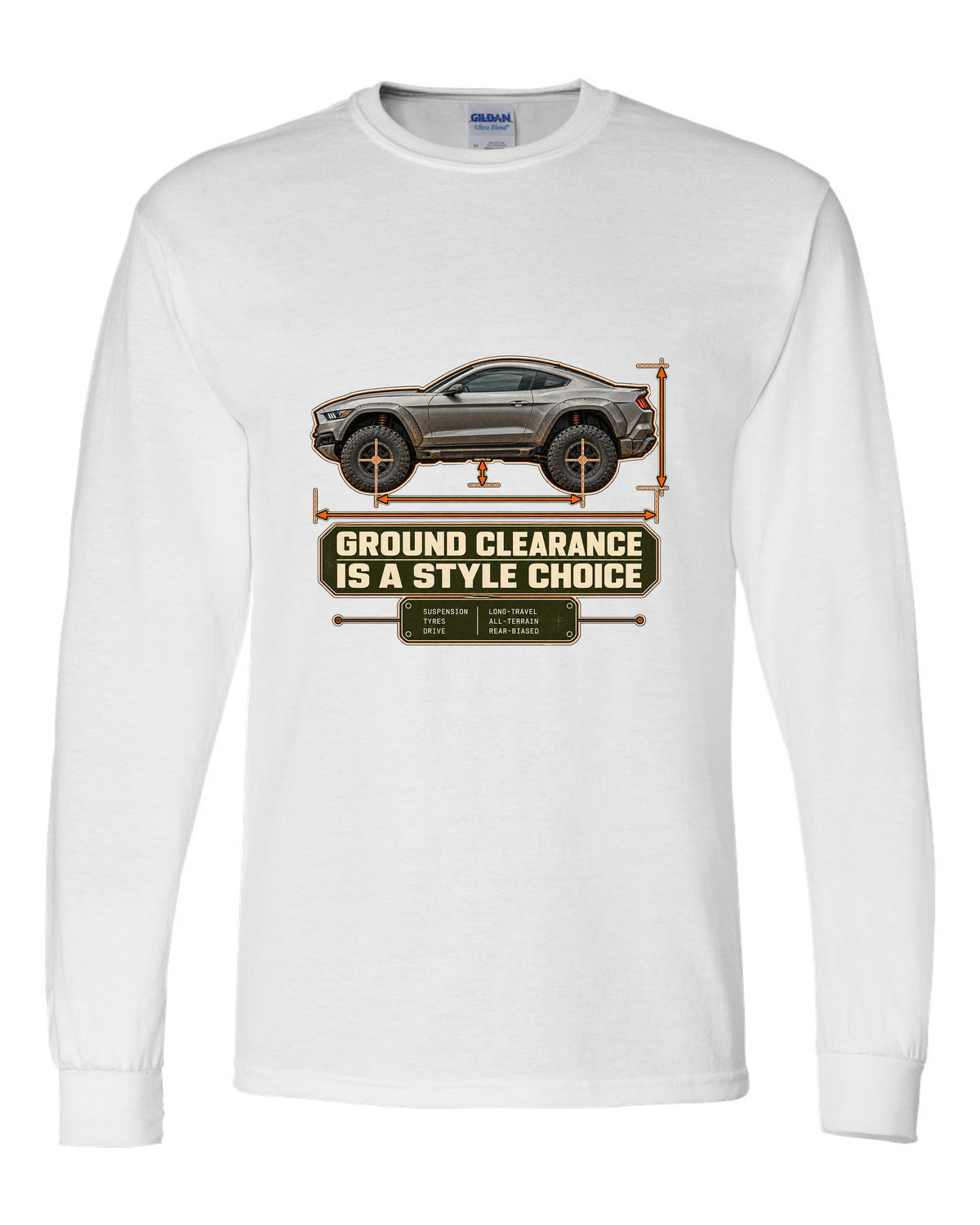 print of a Mustang Raptor concept dimension blueprint with ground clearance text white long sleeve front view with the design