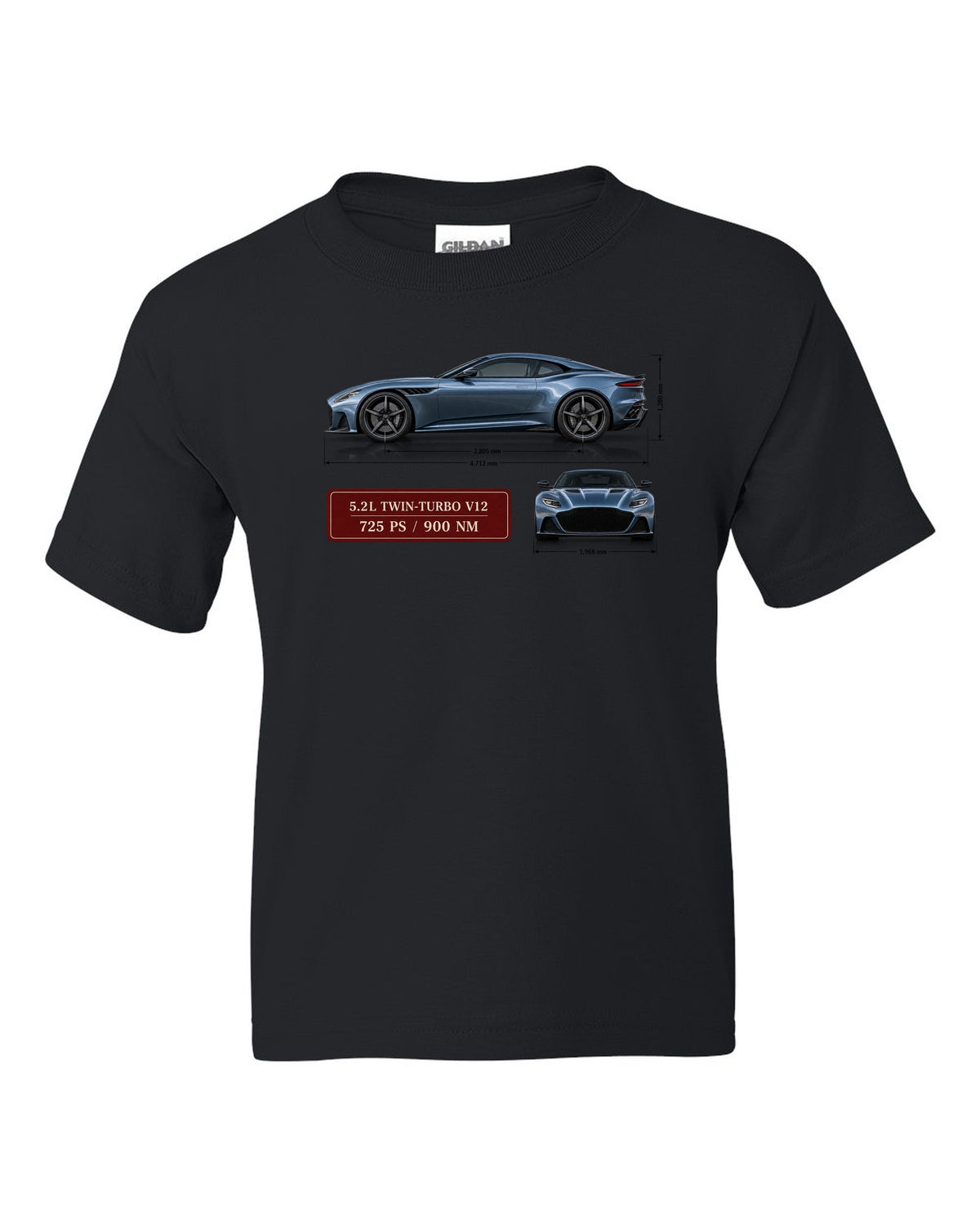 Aston Martin DBS Superleggera 2018 spec sheet print with 5.2L V12 725 PS 900 Nm black kids tee front view with the design