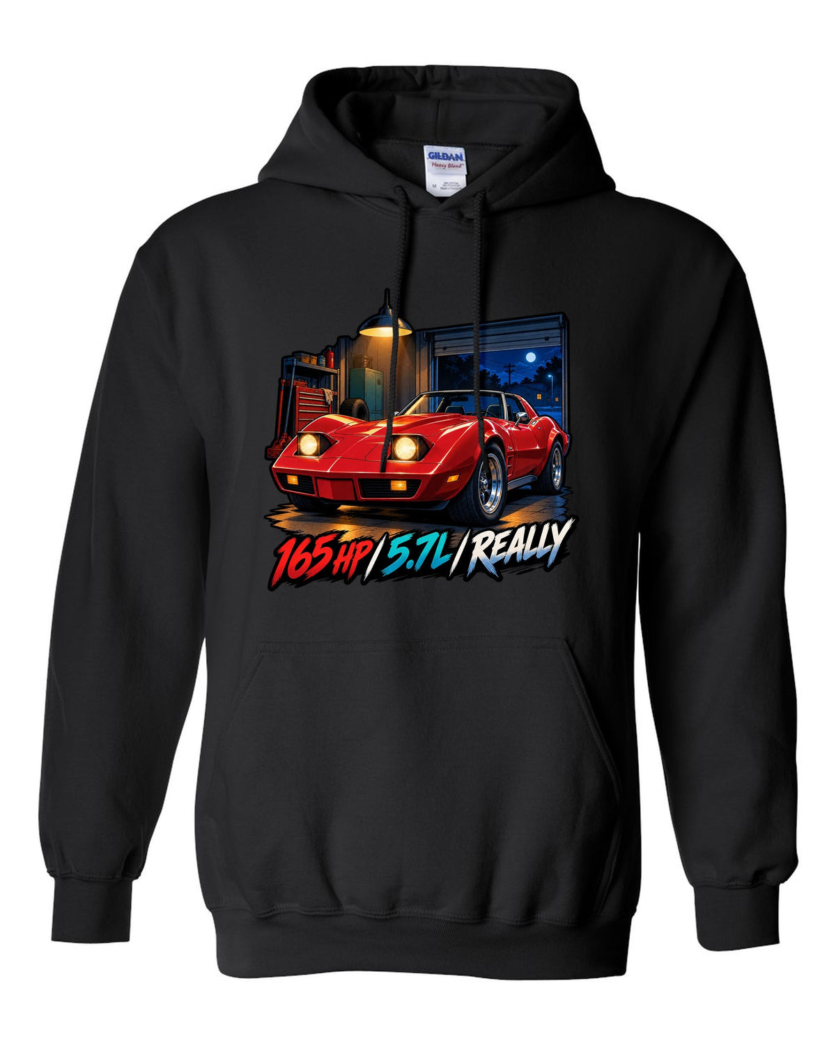 Cel-shaded anime night touge print of a 1975 Chevrolet Corvette C3 Stingray with 165 HP 5.7L lettering black pull over hoodie front view with the design