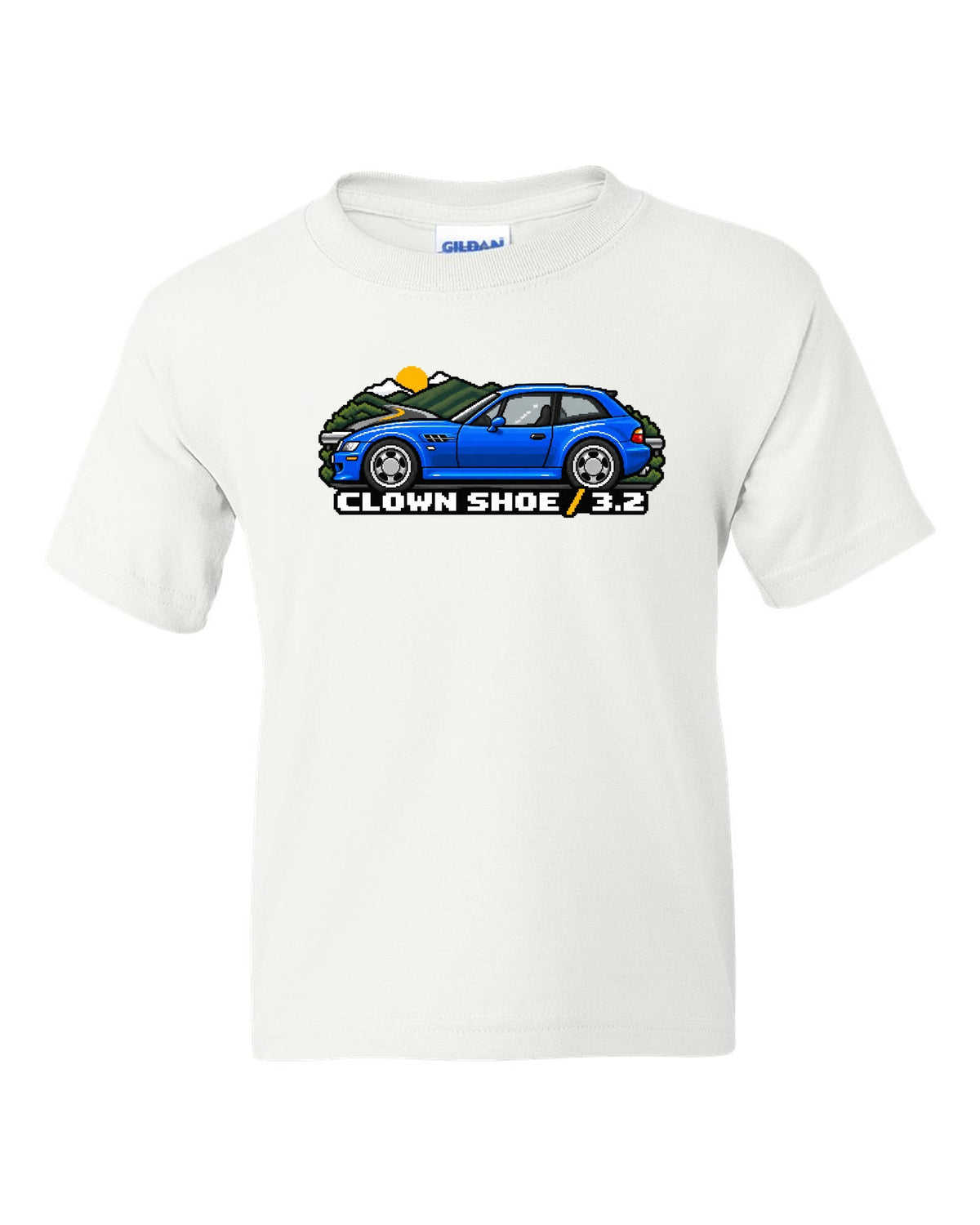 BMW Z4 M Coupe E86 coast road sunset watercolour print with S54 text white kids tee front view with the design