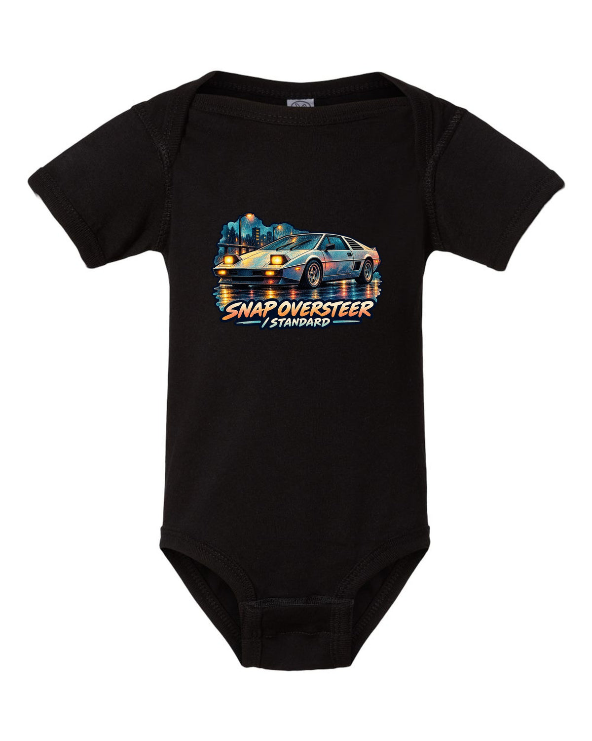 Watercolour wash of a Toyota MR2 AW11 driving in rain with oversteer slogan black baby onesie front view with the design