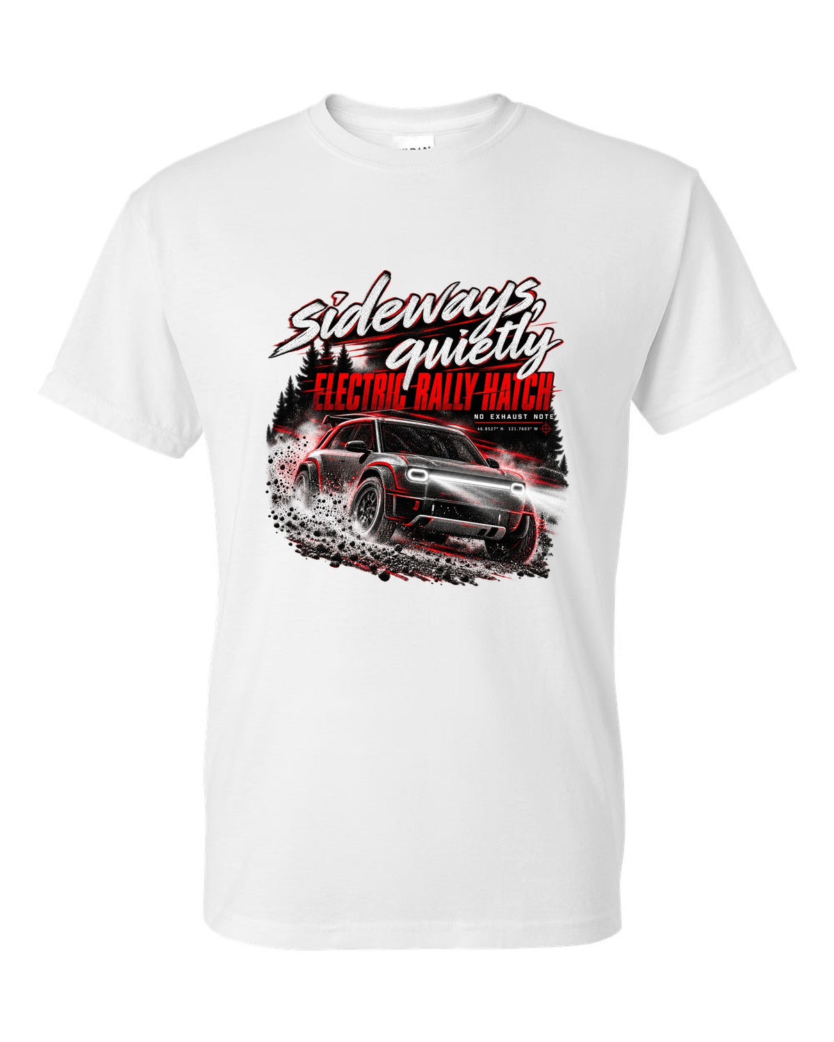 Rivian R3X 2027 sliding on a night touge with the text sideways quietly, electric rally ch white t-shirt front view with the design