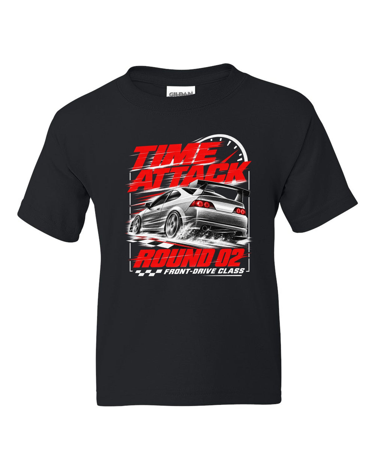 Honda Integra DC5 Type R race poster design for time attack round 02 front-drive class black kids tee front view with the design