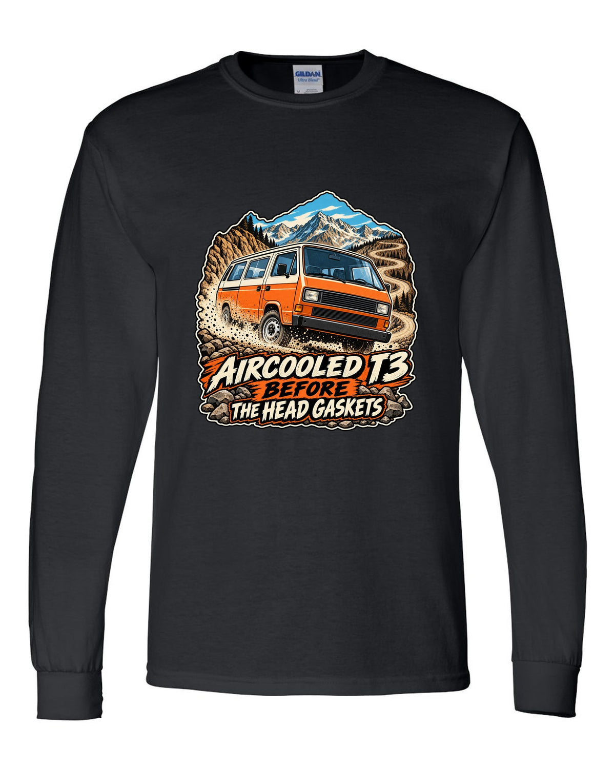 Vintage race poster style VW Vanagon T3 on a dusty pass with aircooled T3 before the head gaskets text black long sleeve front view with the design
