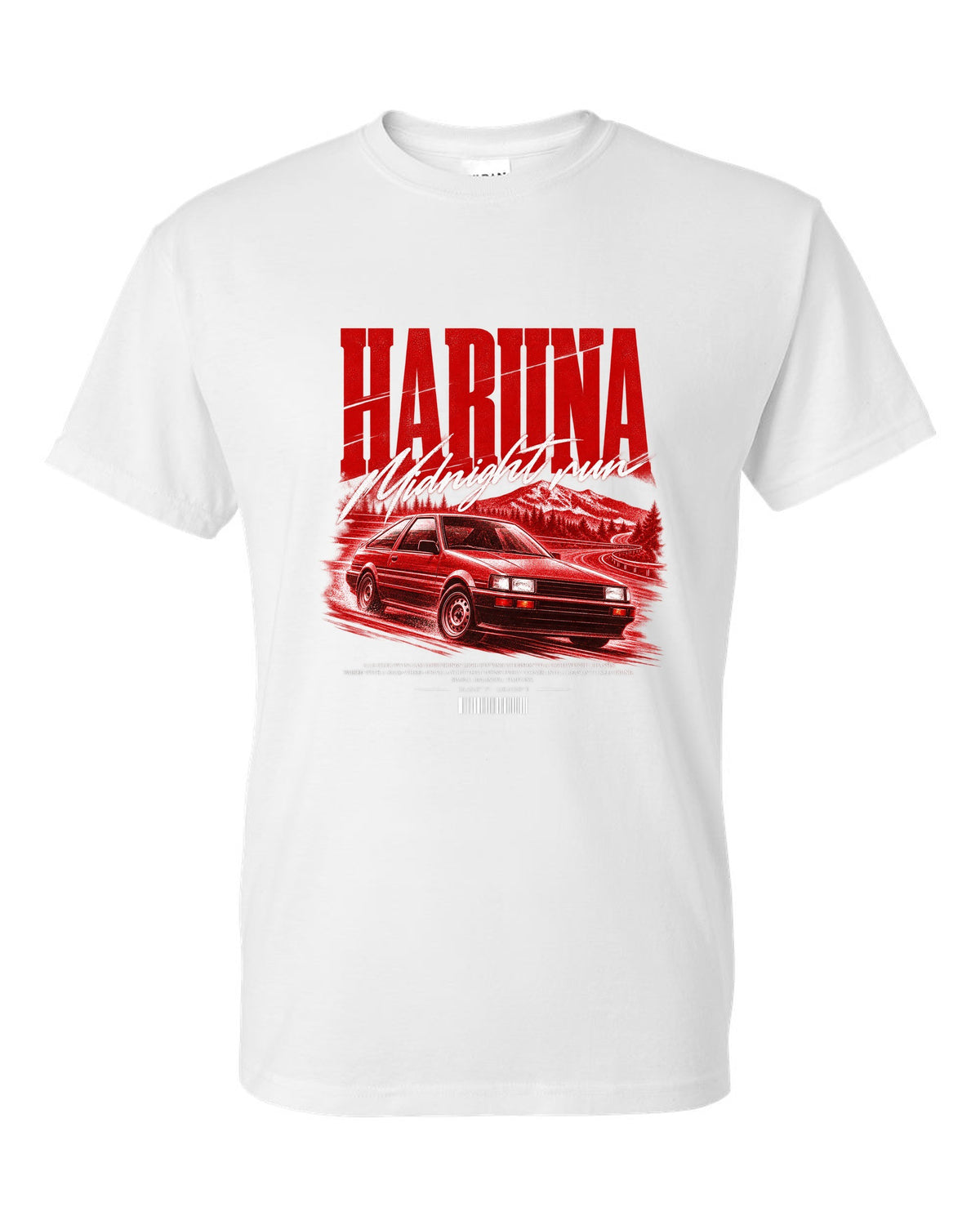 Street poster print of a Toyota Corolla Levin AE86 with the text Haruna Midnight Run white t-shirt front view with the design