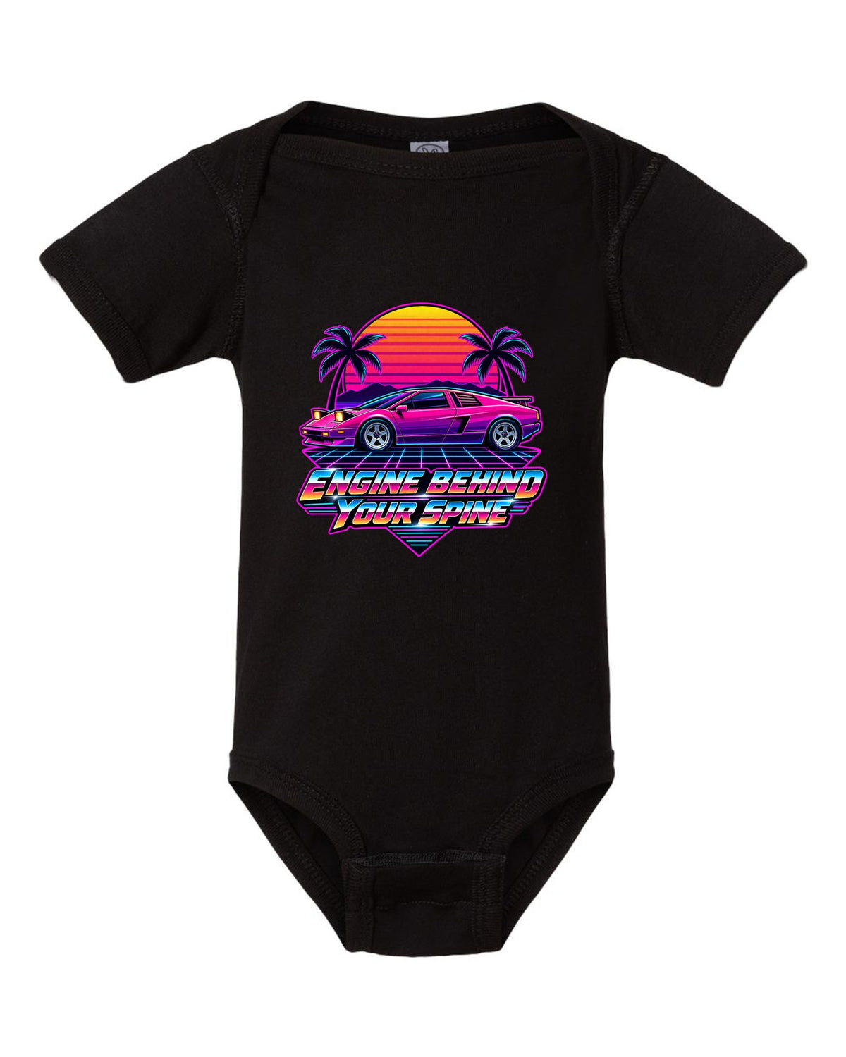 Synthwave sunset grid with a Toyota MR2 AW11 driving toward the horizon black baby onesie front view with the design