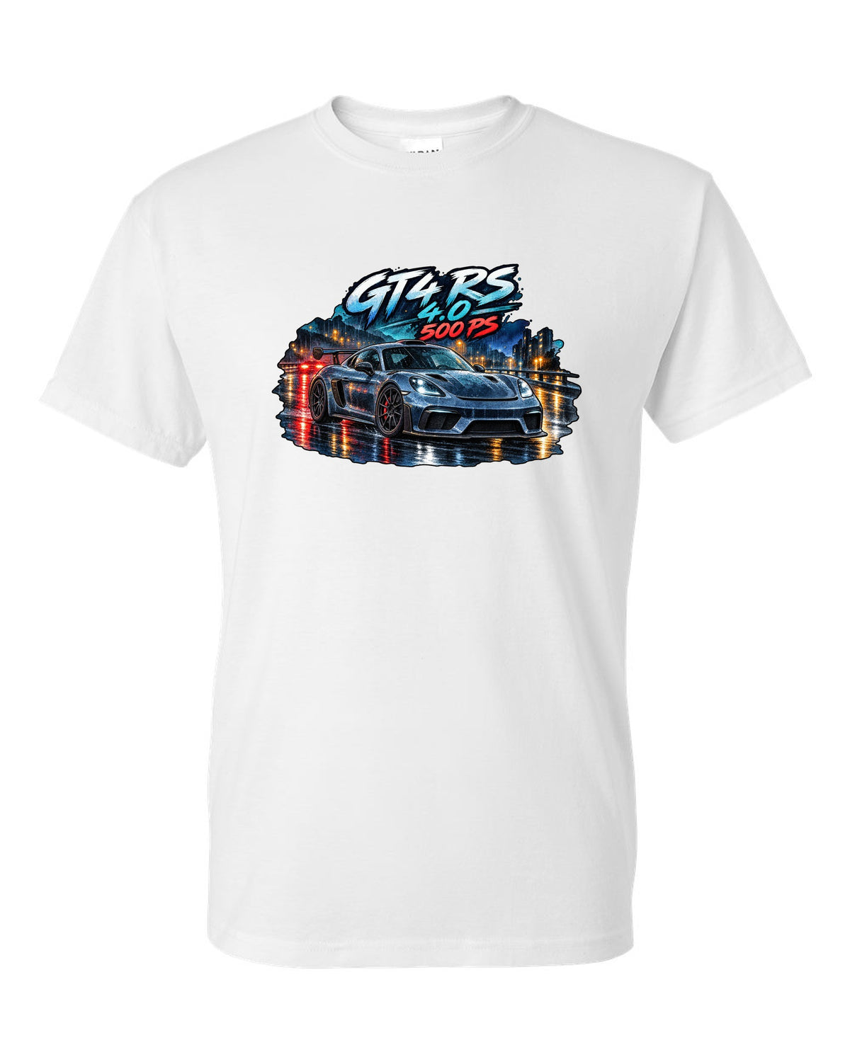 Porsche 982 Cayman GT4 RS wet road night watercolour design with 4.0 500 PS text white t-shirt front view with the design