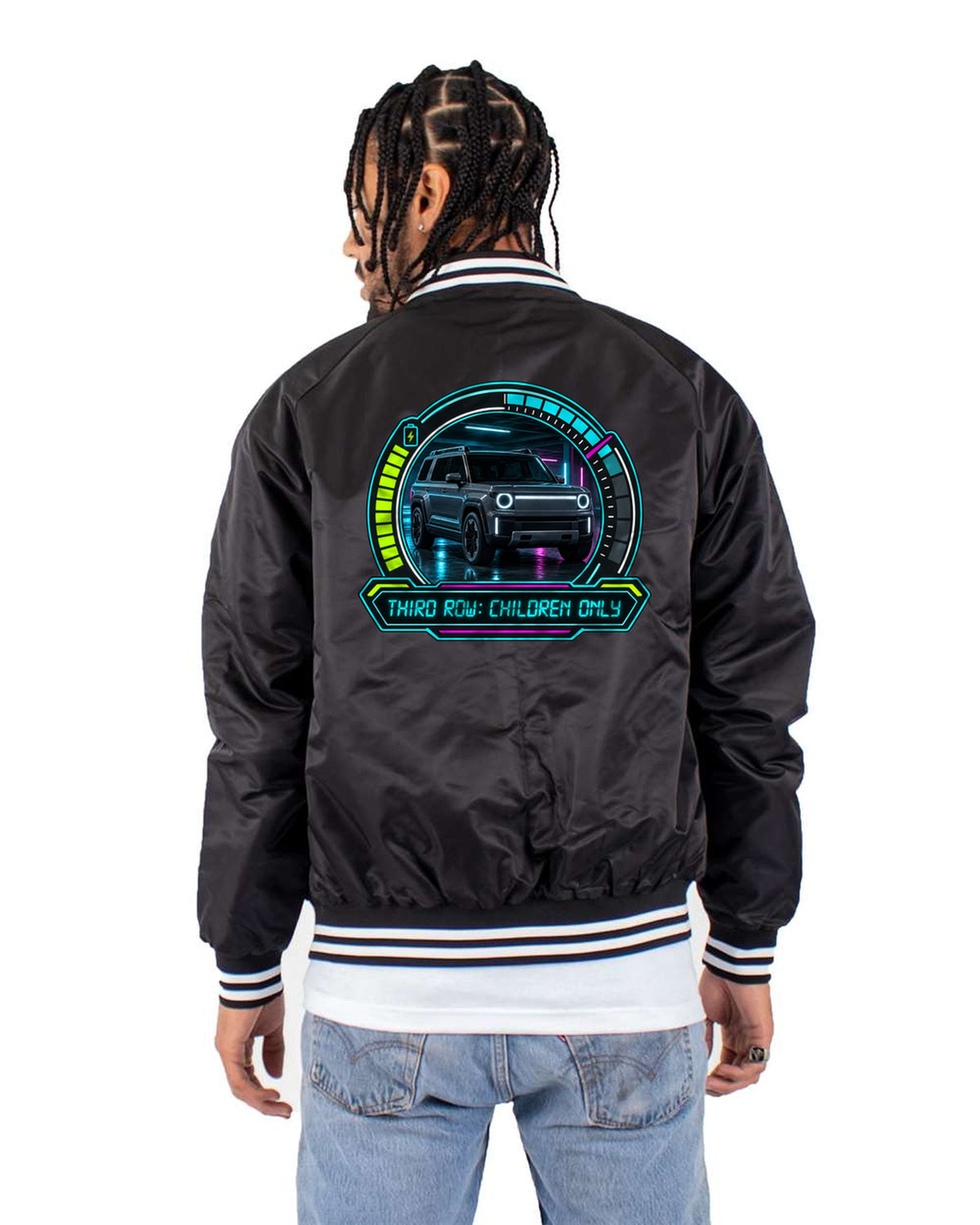 Rivian R1S Gauge Cluster Shirt, Third Row Family EV Gift Bomber Jacket Black back
