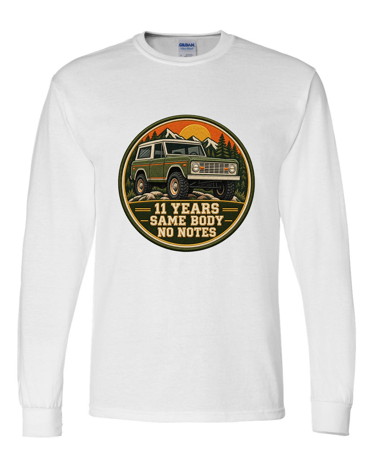 Varsity crest print for a 1966-77 Ford Bronco U15 wagon with 11 years same body text white long sleeve front view with the design