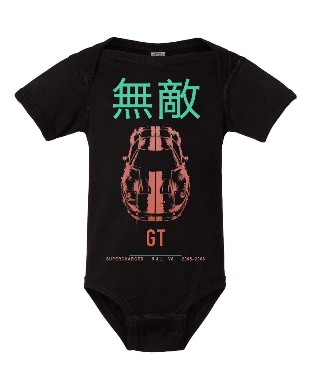 GT artwork black baby onesie front view