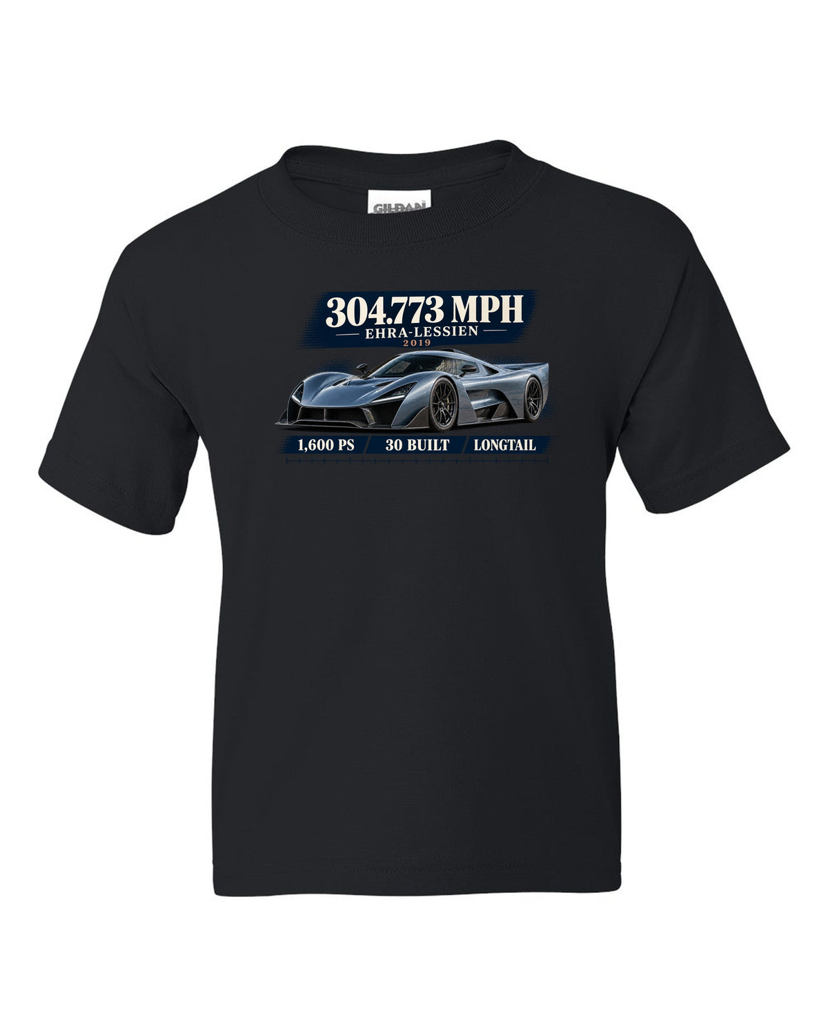 Bugatti Chiron Super Sport 300+ archive panel print with 304.773 mph record black kids tee front view with the design