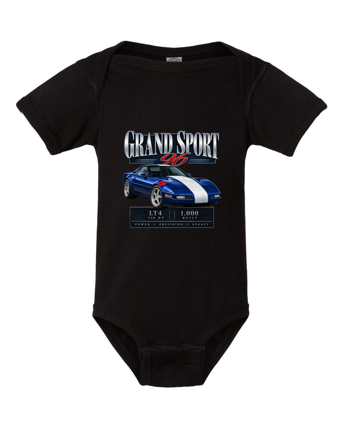 Chevrolet Corvette C4 Grand Sport 1996 archive panel print black baby onesie front view with the design