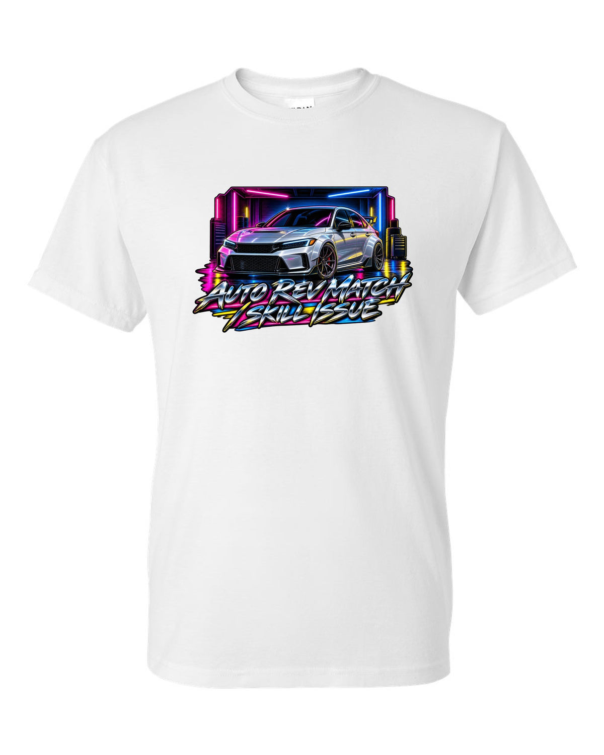 80s airbrush poster style print of a 2023 Honda Civic FL5 ch with auto rev match text white t-shirt front view with the design