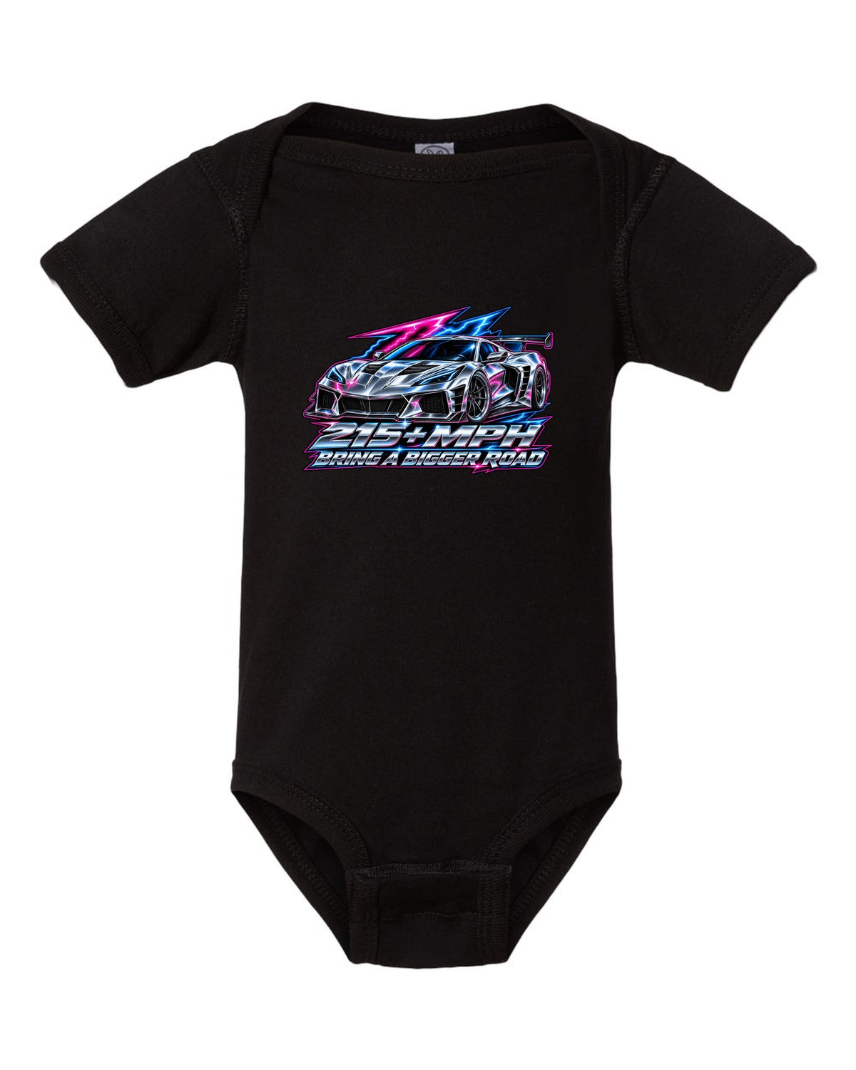 Gauge-cluster HUD design with a 2025 C8 Corvette ZR1 and 215 plus mph lettering black baby onesie front view with the design