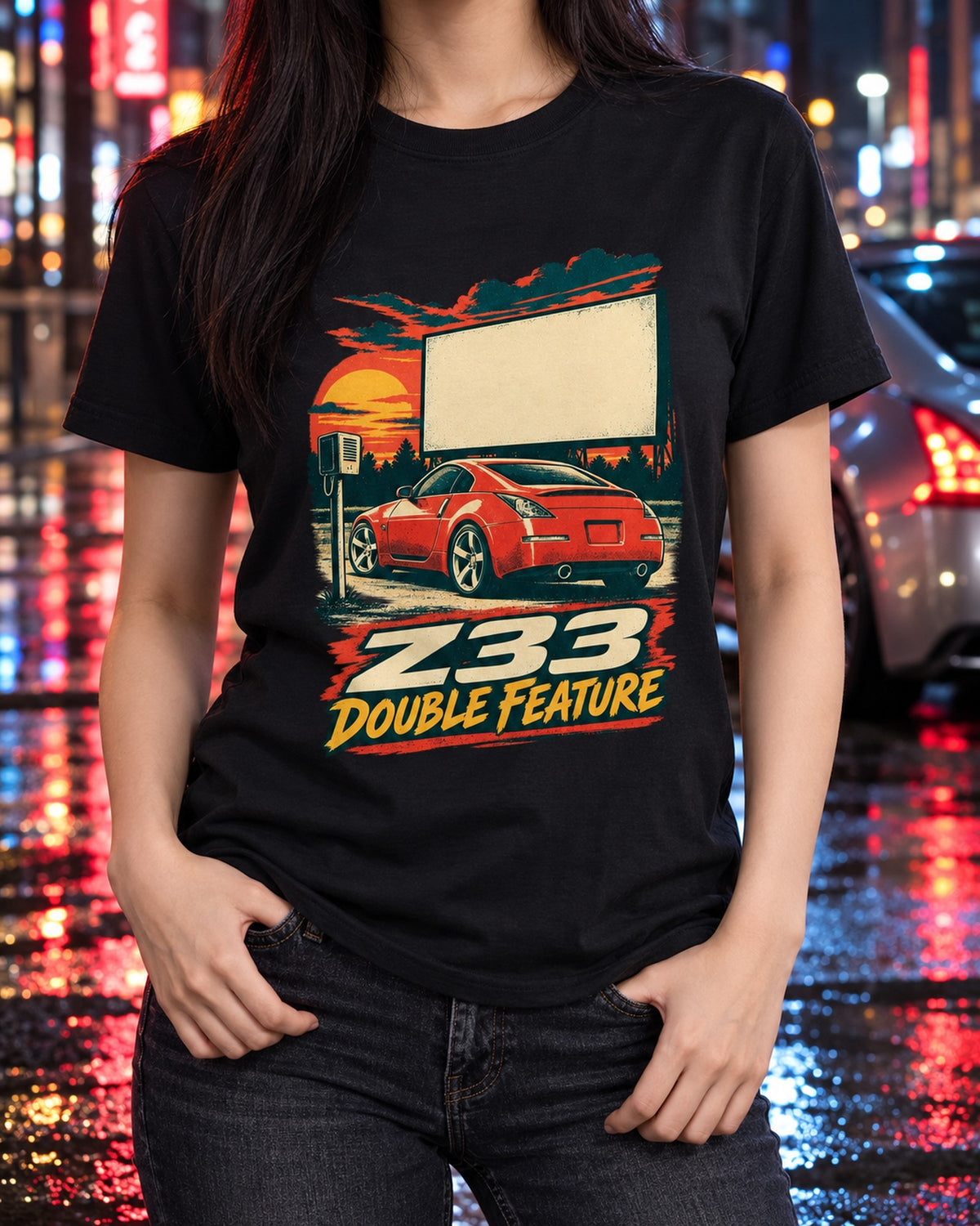 Z33 350Z Drive-In Night Double Feature Race Poster Tee T-Shirt Black worn hero