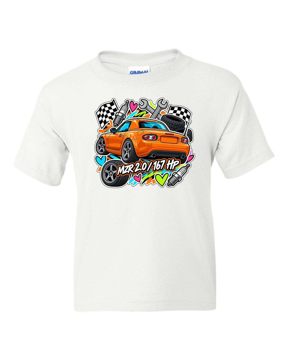 Mazda MX-5 NA6CE Cyanotype Blueprint white kids tee front view with the design
