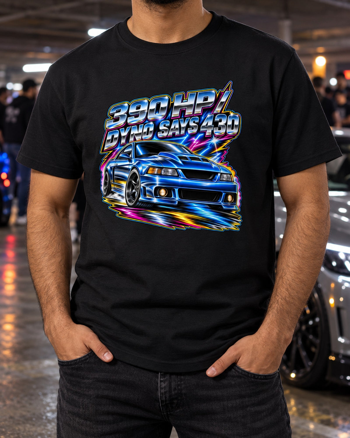 2003 Mustang Supercharged Coupe 80s Airbrush Chrome Shirt T-Shirt Black worn hero