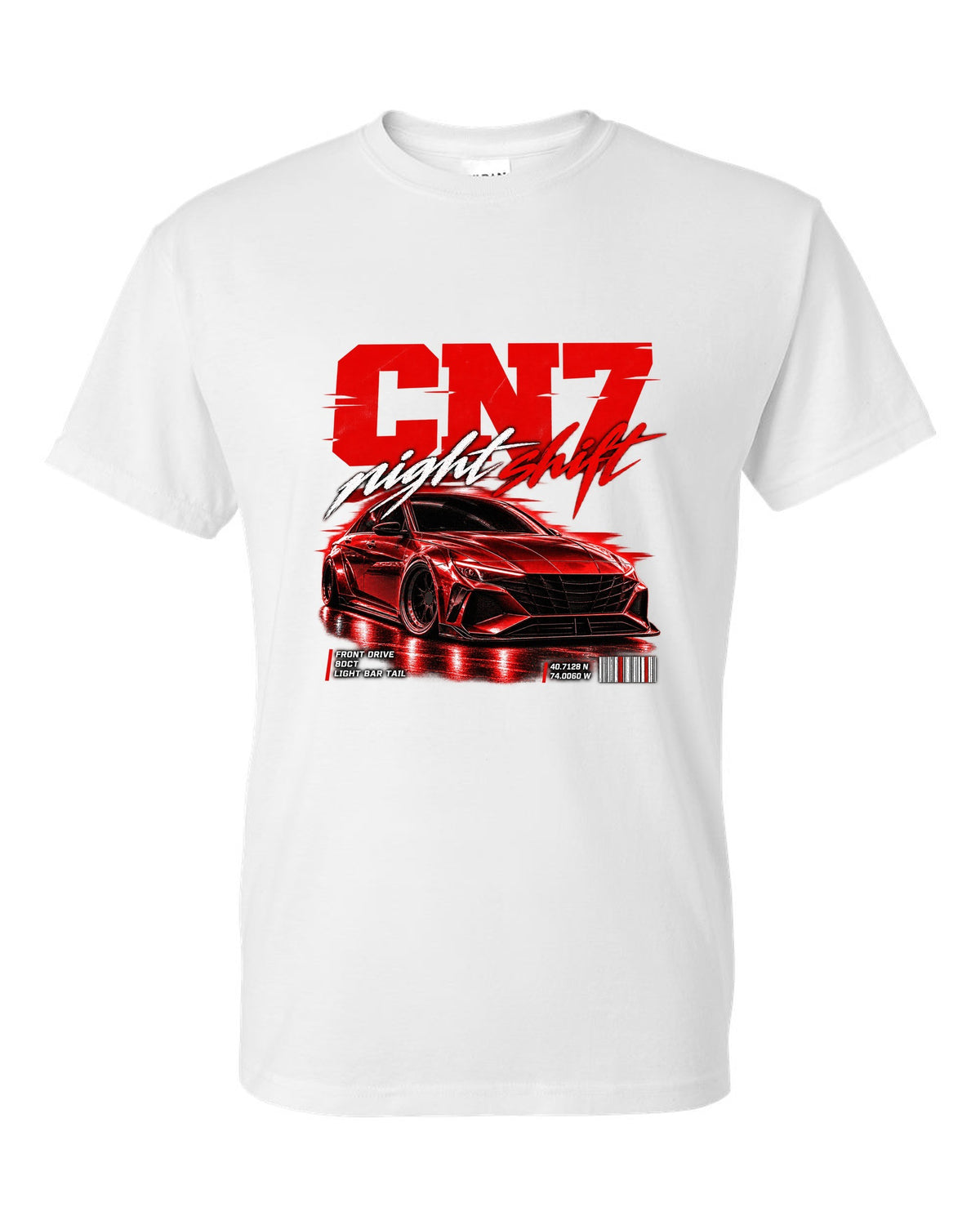 Hyundai Elantra N CN7 street poster print with night shift text and coordinates white t-shirt front view with the design