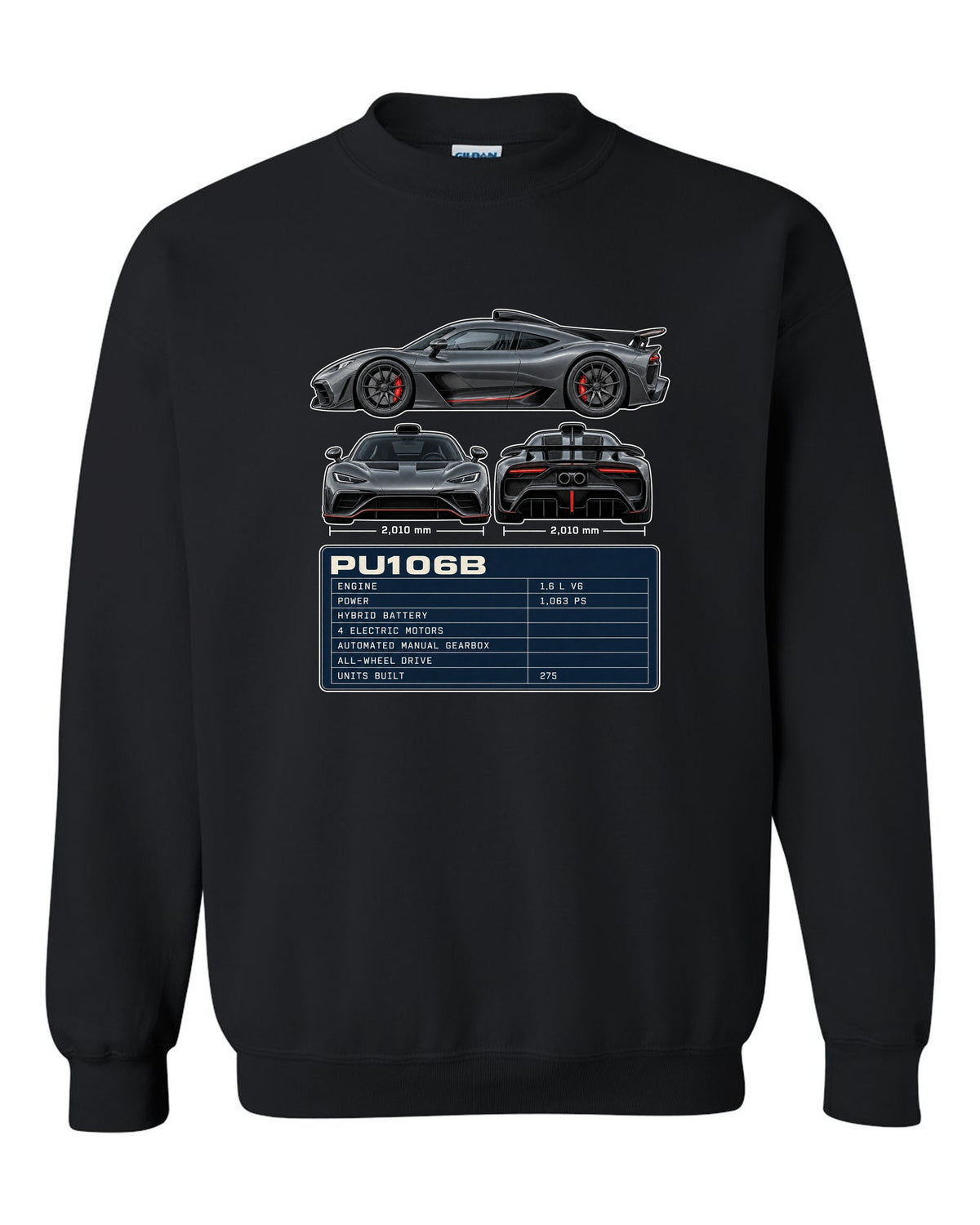 Mercedes-AMG One three-view drawing with PU106B spec table black crewneck front view with the design