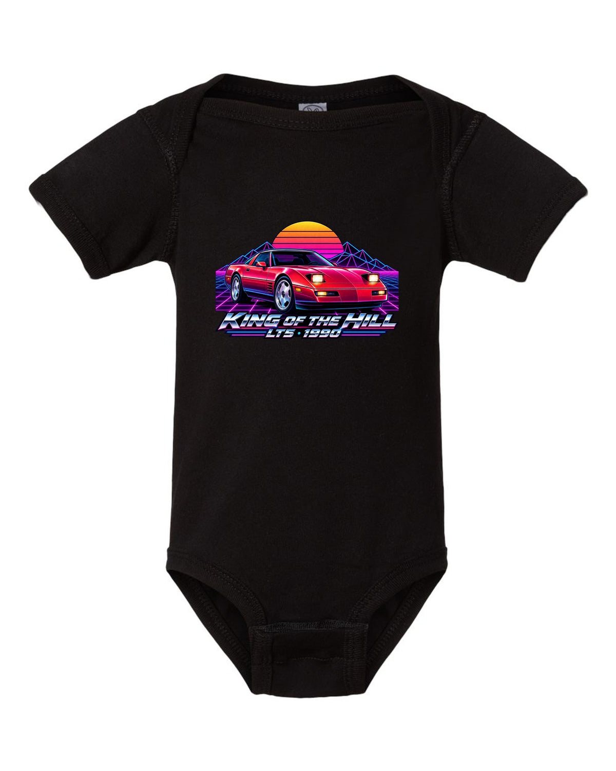 Synthwave neon horizon print of a 1990 Chevrolet Corvette C4 ZR-1 with King of the Hill LT5 lettering black baby onesie front view with the design