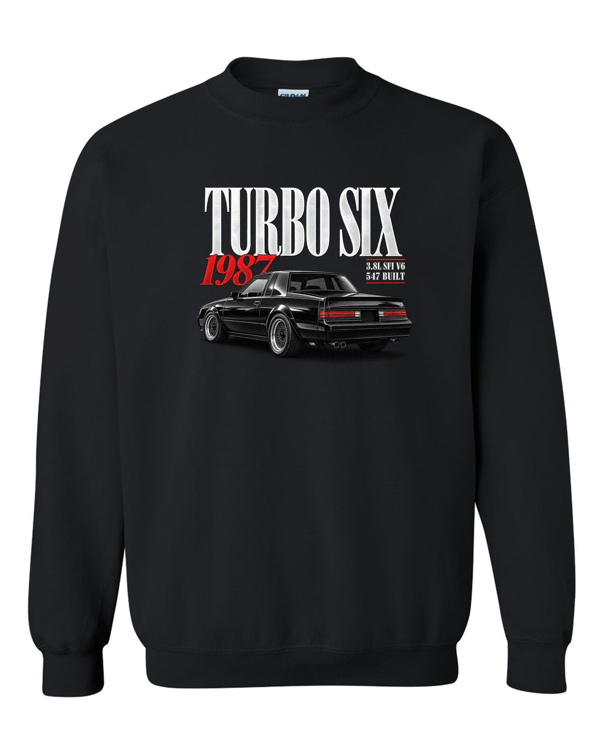 Editorial archive print for a 1987 Buick Regal Grand National GNX with turbo six text black crewneck front view with the design